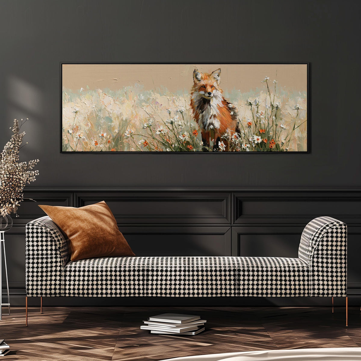 Red fox sitting among white wildflowers wide panoramic canvas print above a bench in a dark living room