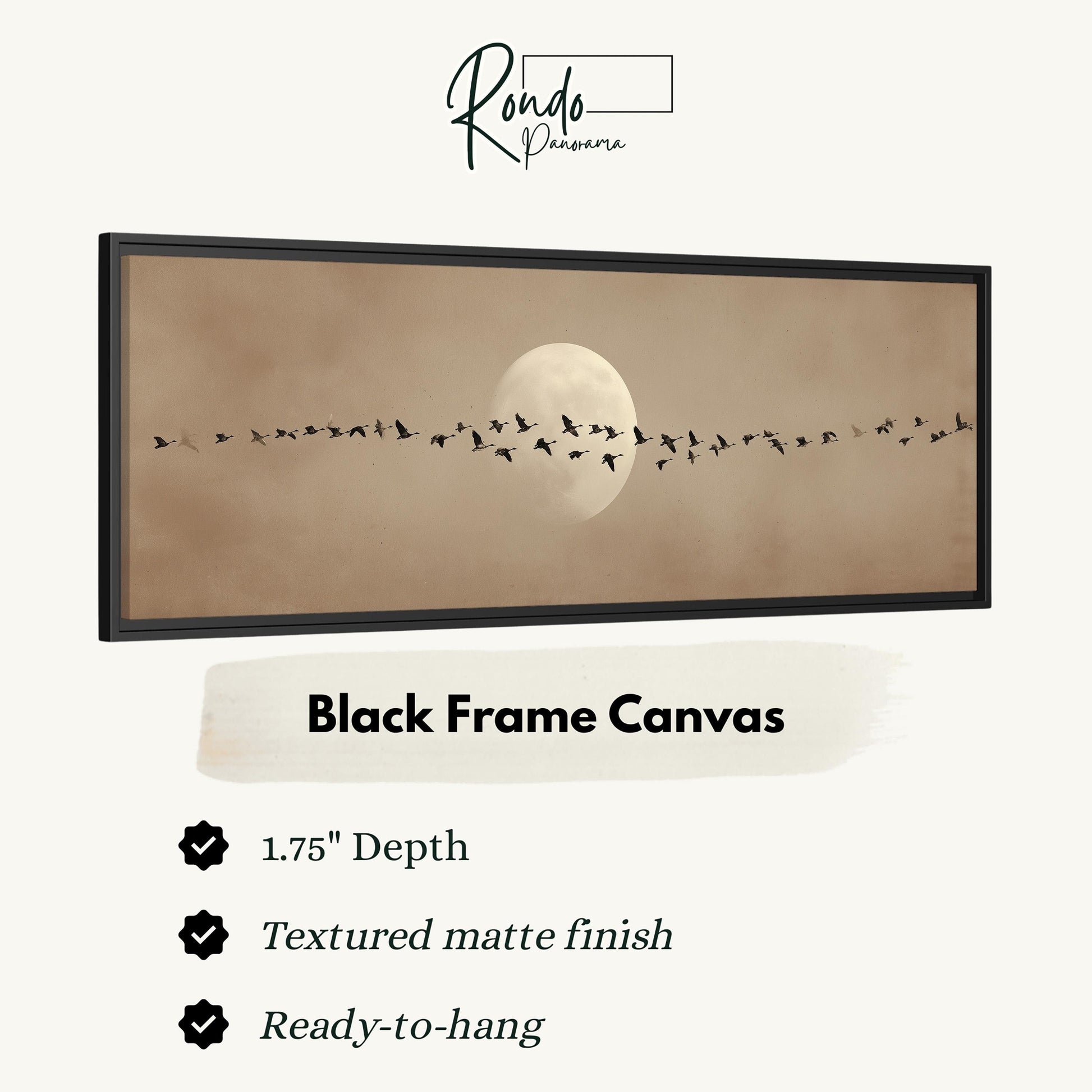 a black frame canvas with a large full moon and a flock of birds flying across the sky.
