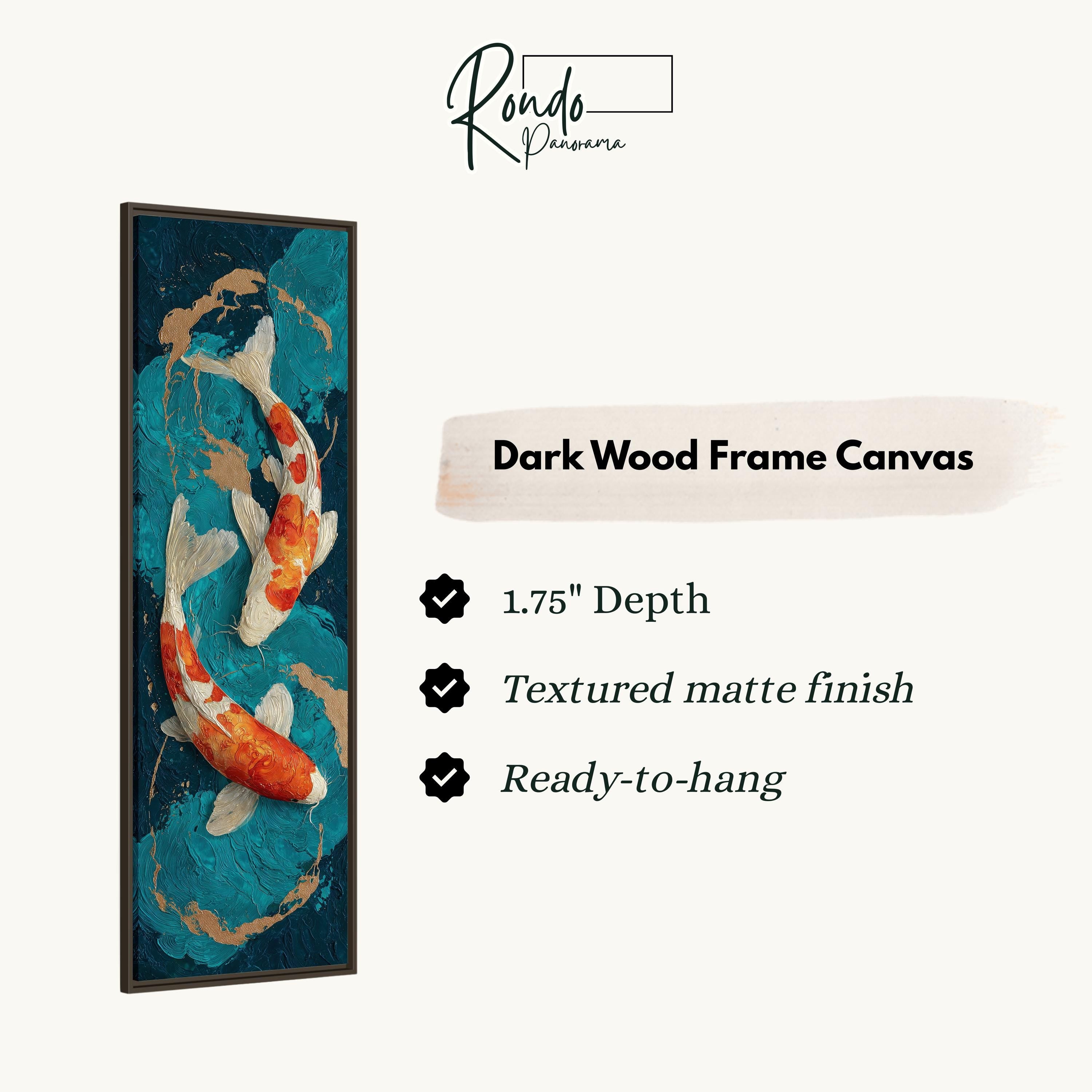 The image is a dark wood frame canvas featuring a painting of two koi fish swimming in a blue and green water background.