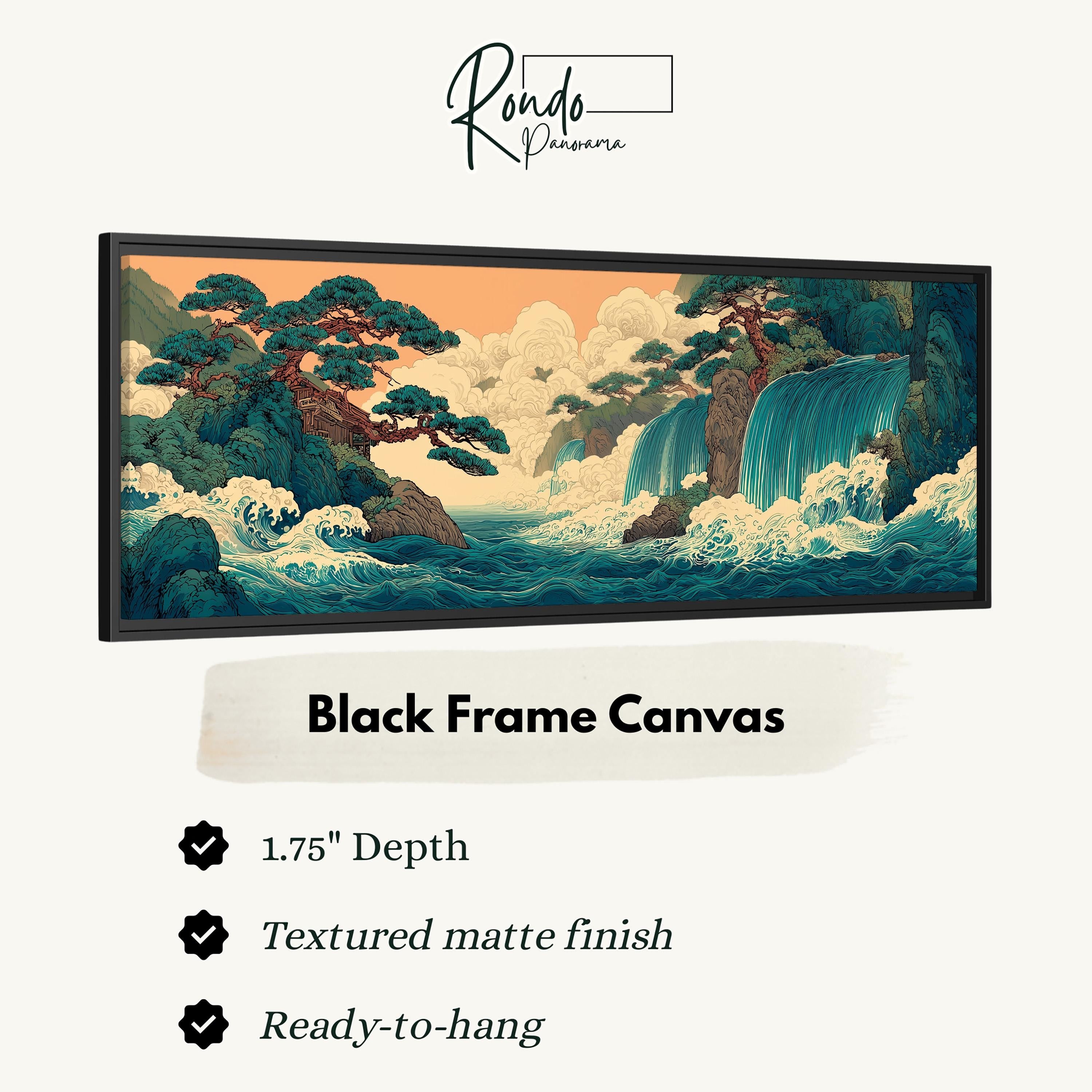 The image is a black frame canvas depicting a serene landscape with a waterfall and trees.
