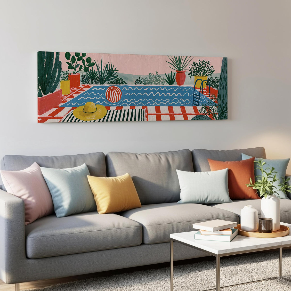 Colorful poolside courtyard panoramic canvas print above a grey sofa in a living room