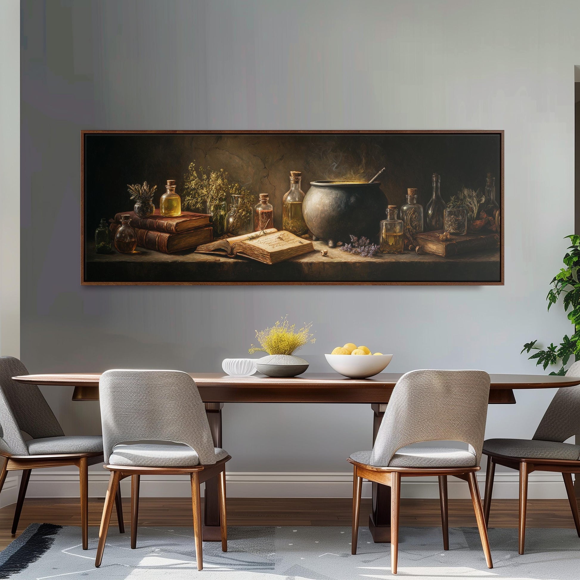 a large painting of a still life arrangement on a wall above a wooden dining table with four chairs. The painting includes various objects such as books, bottles, a bowl, and a vase, creating a visually appealing scene.