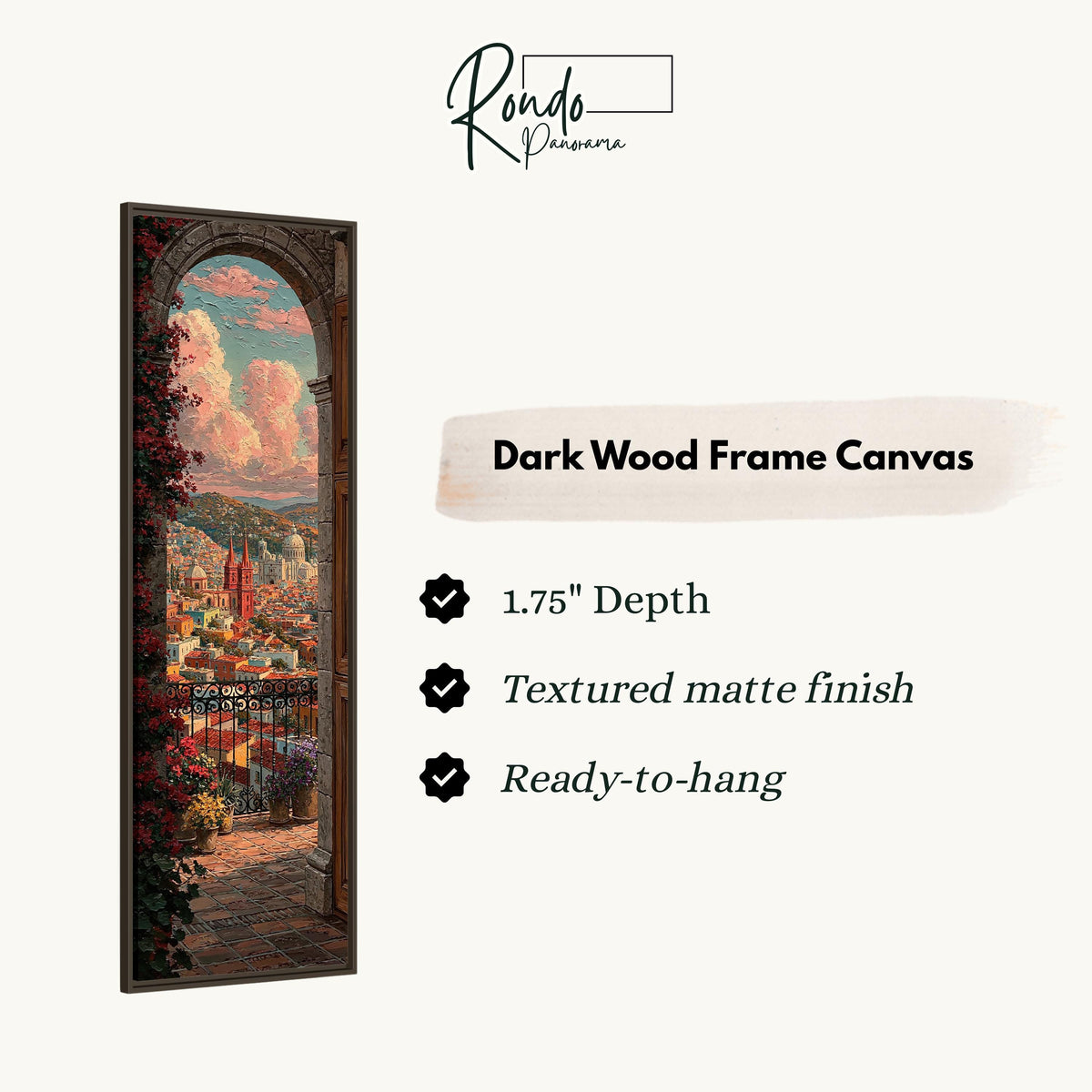 Colorful city view from a flowered balcony arch canvas print in a dark wood floating frame