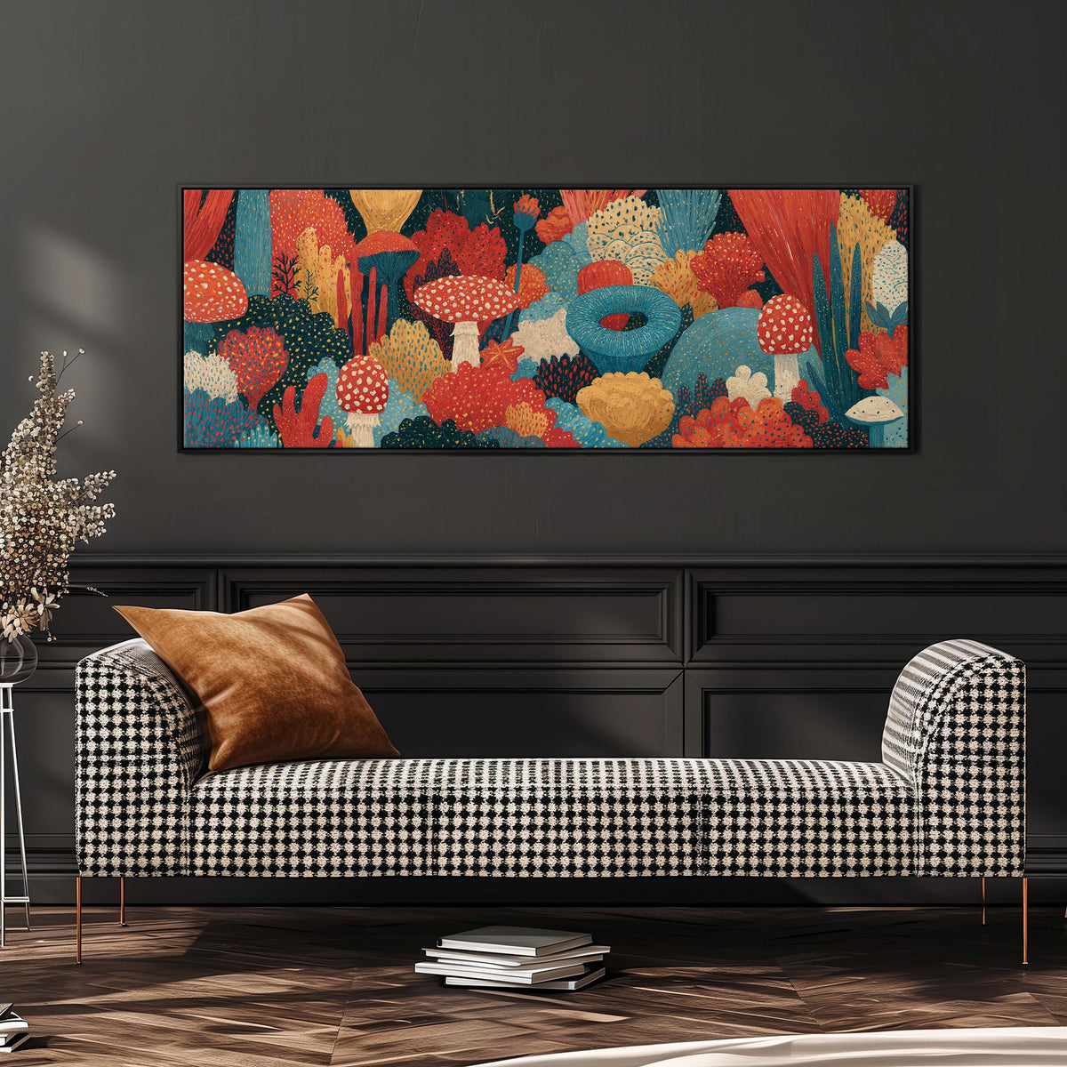 Mushroom and flower garden on teal wide panoramic canvas print above a bench in a dark living room