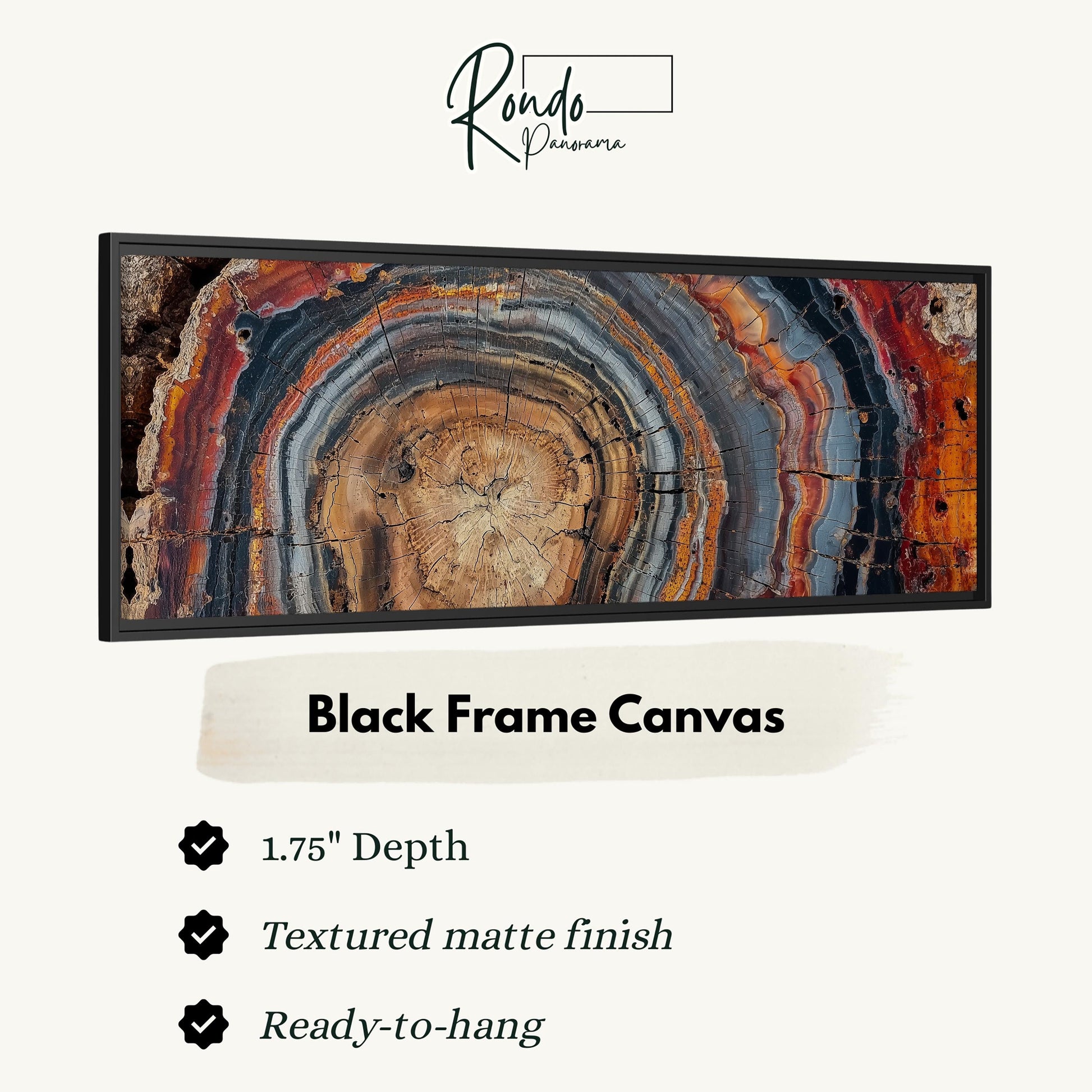 The image is a black frame canvas with a textured matte finish, measuring 1.75" in depth. It is ready to hang and has a textured matte finish.
