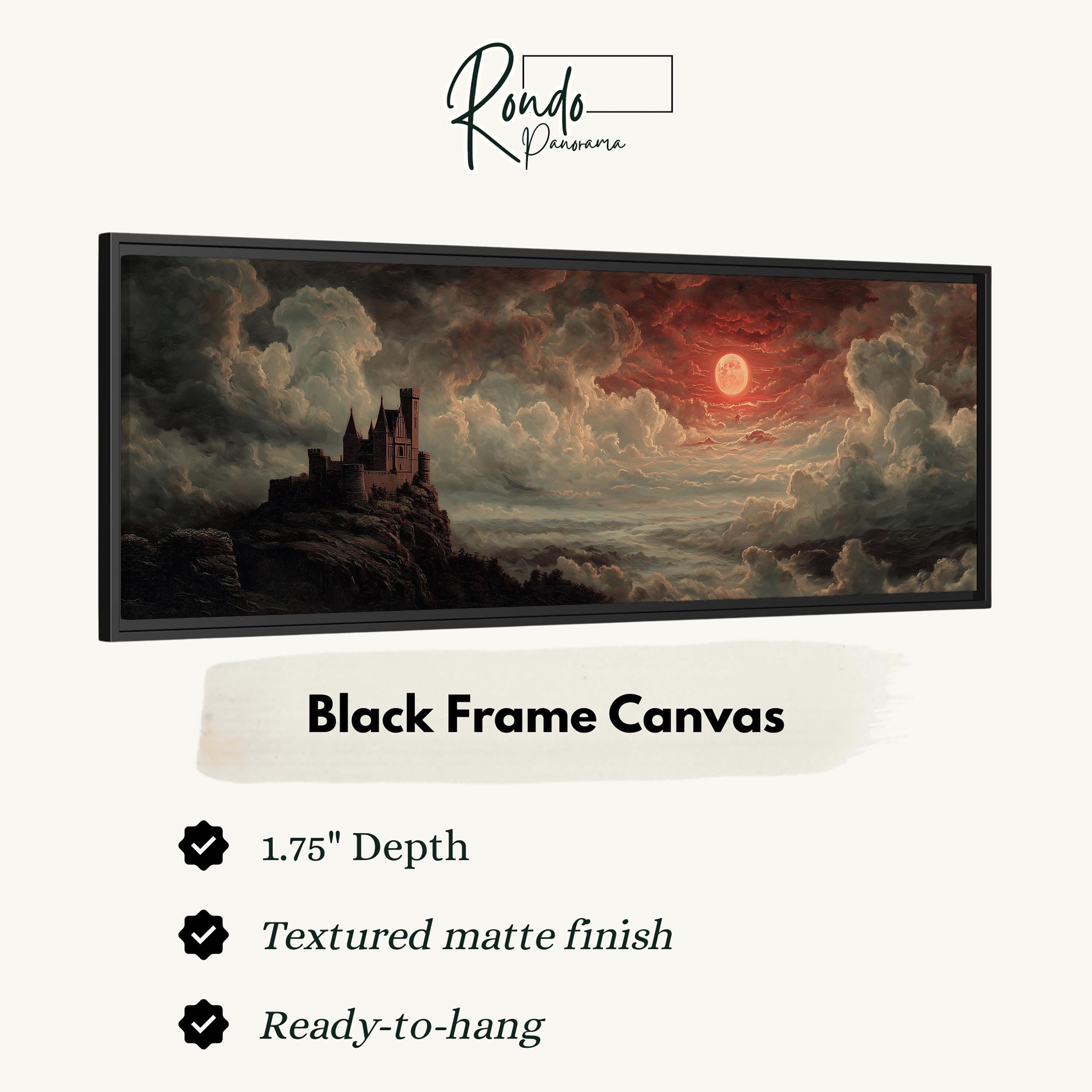 The image is a black frame canvas depicting a castle on a cliff with a red sky and clouds in the background.