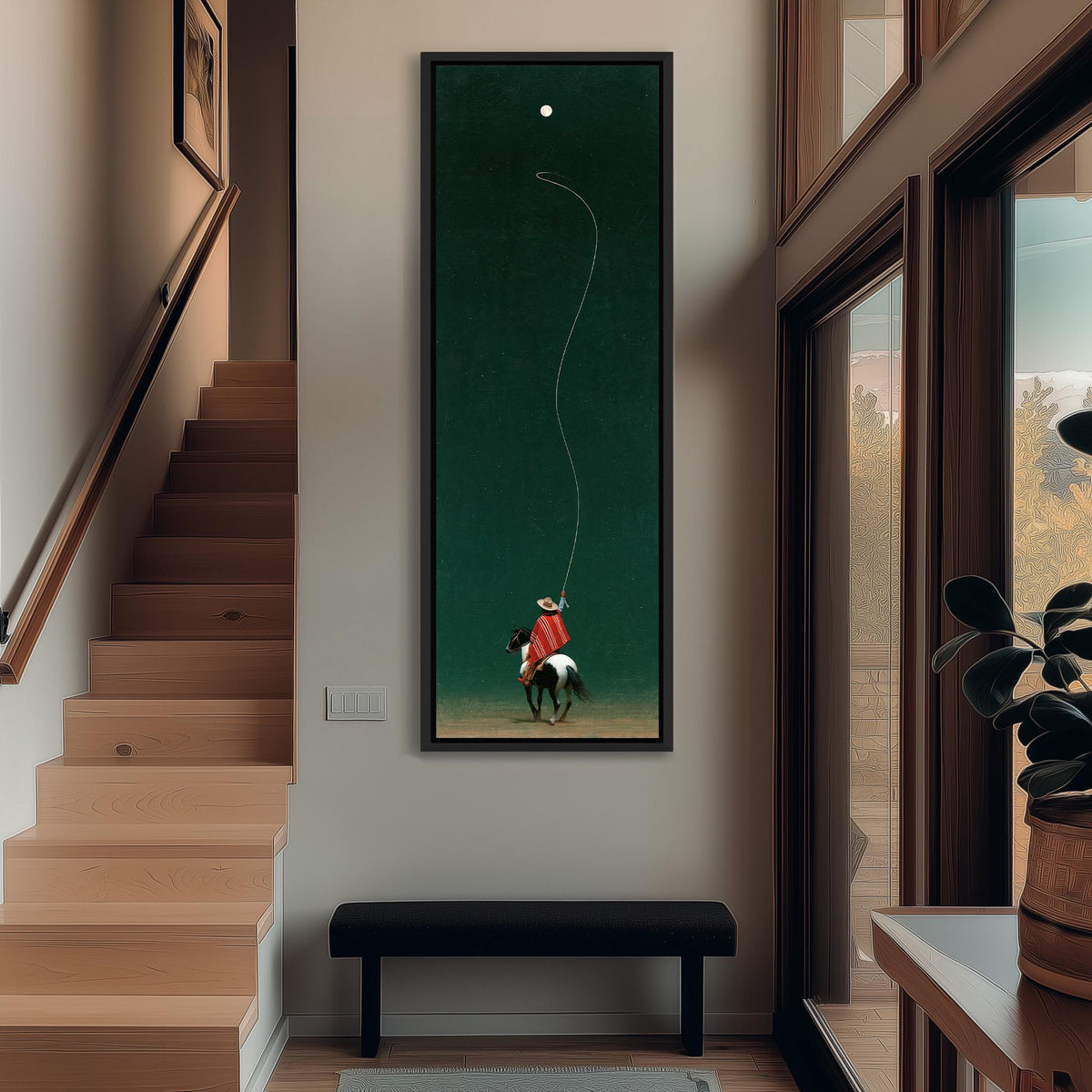Cowboy throwing a lasso toward the moon tall narrow canvas print beside a staircase in an entryway