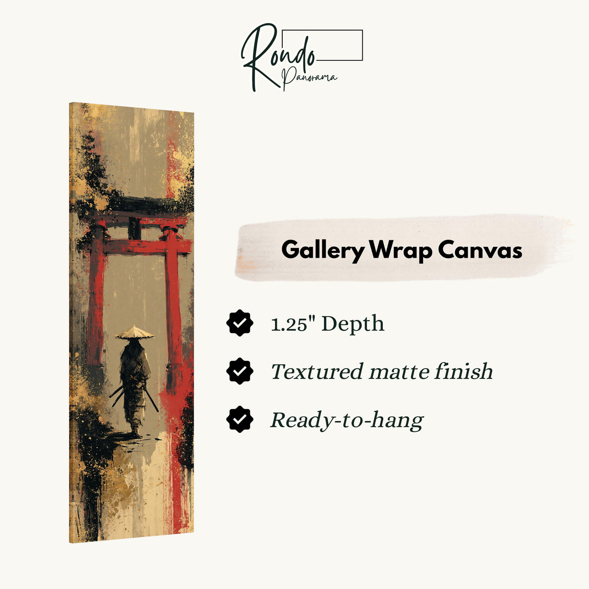 Samurai walking under a red torii gate gallery wrap canvas with the image wrapped around the edges