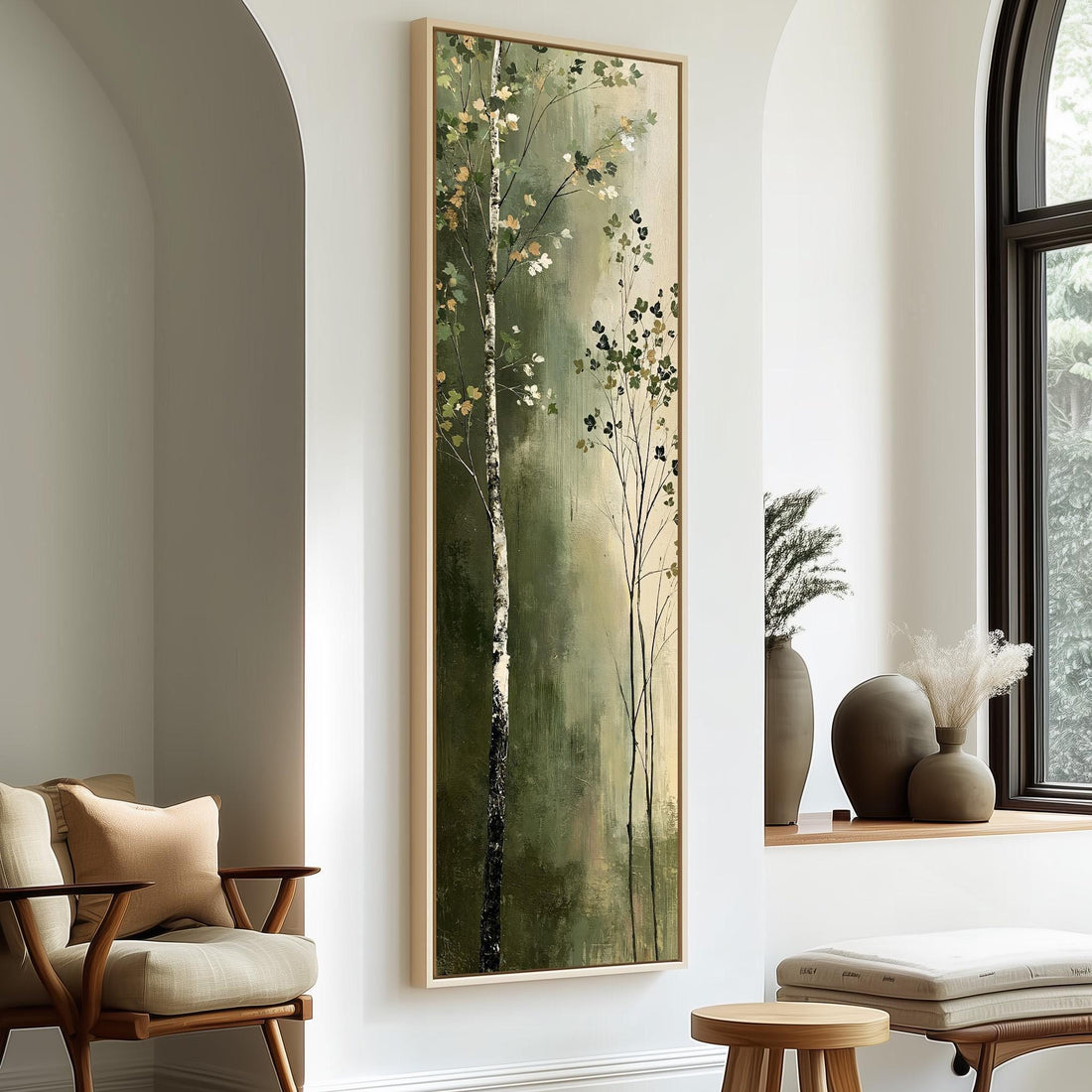 Birch trees in soft green light long vertical canvas print in a sunlit living space