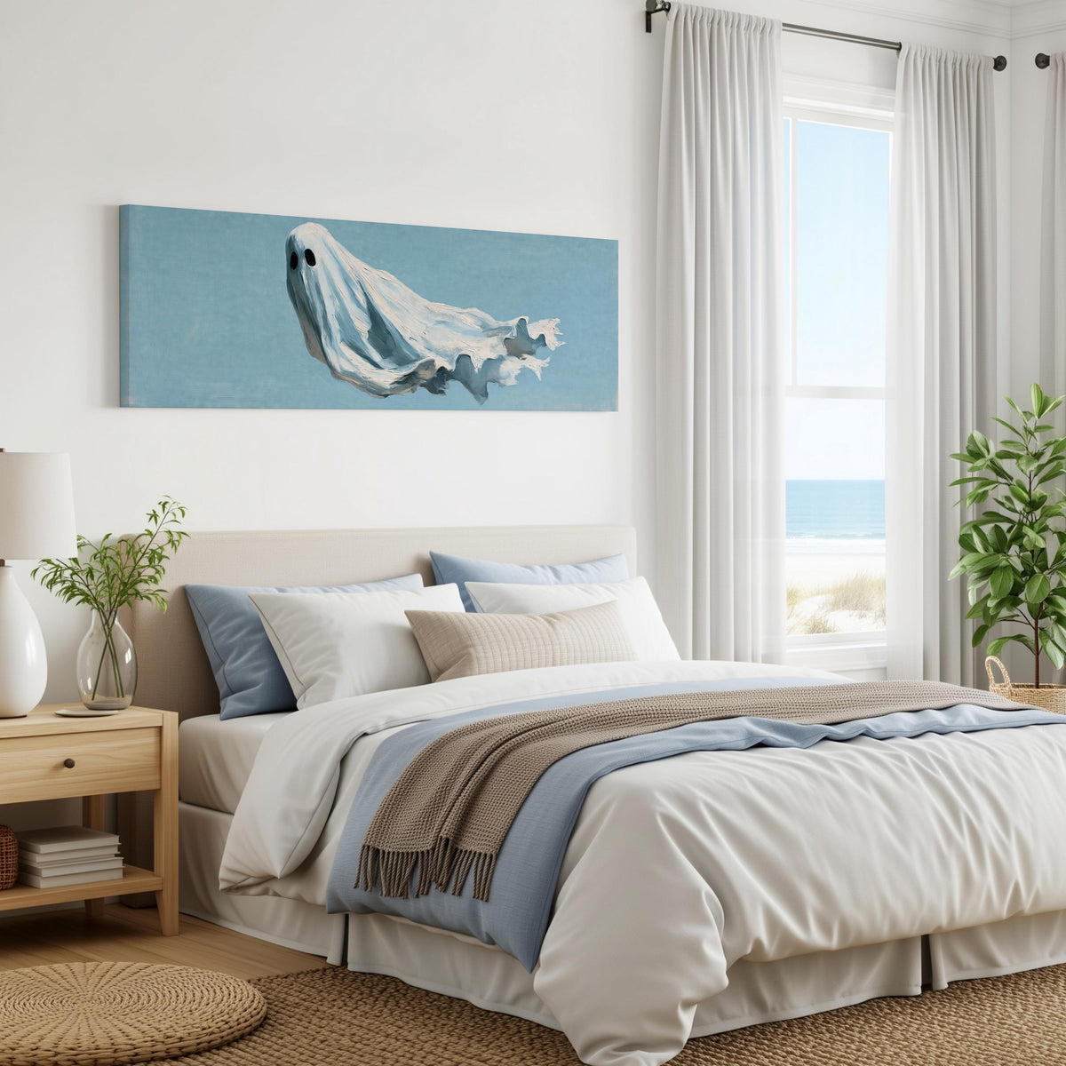 Drifting ghost spirit panoramic canvas print above a bed in a coastal bedroom