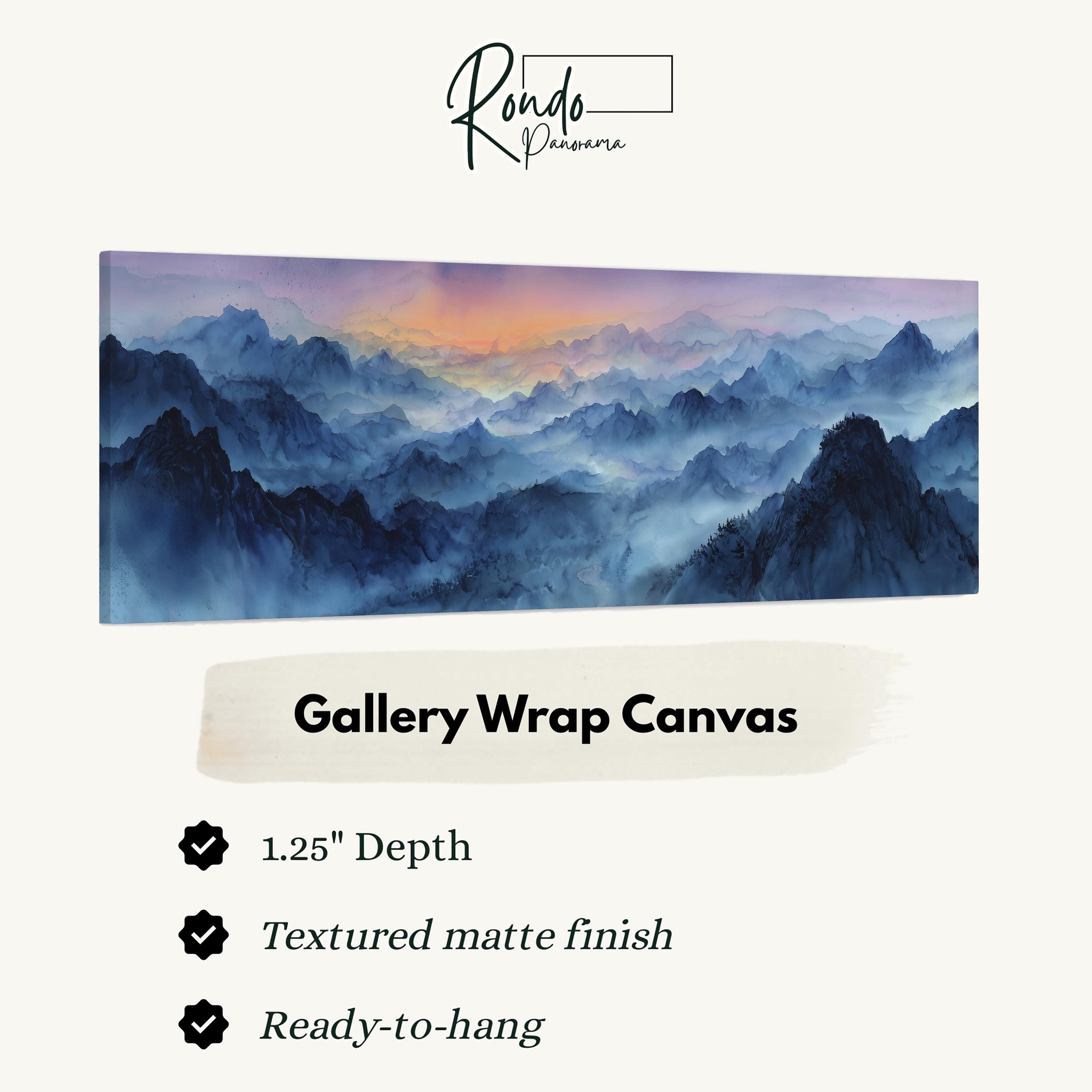The image is a gallery wrap canvas featuring a mountainous landscape with a hazy, misty atmosphere.