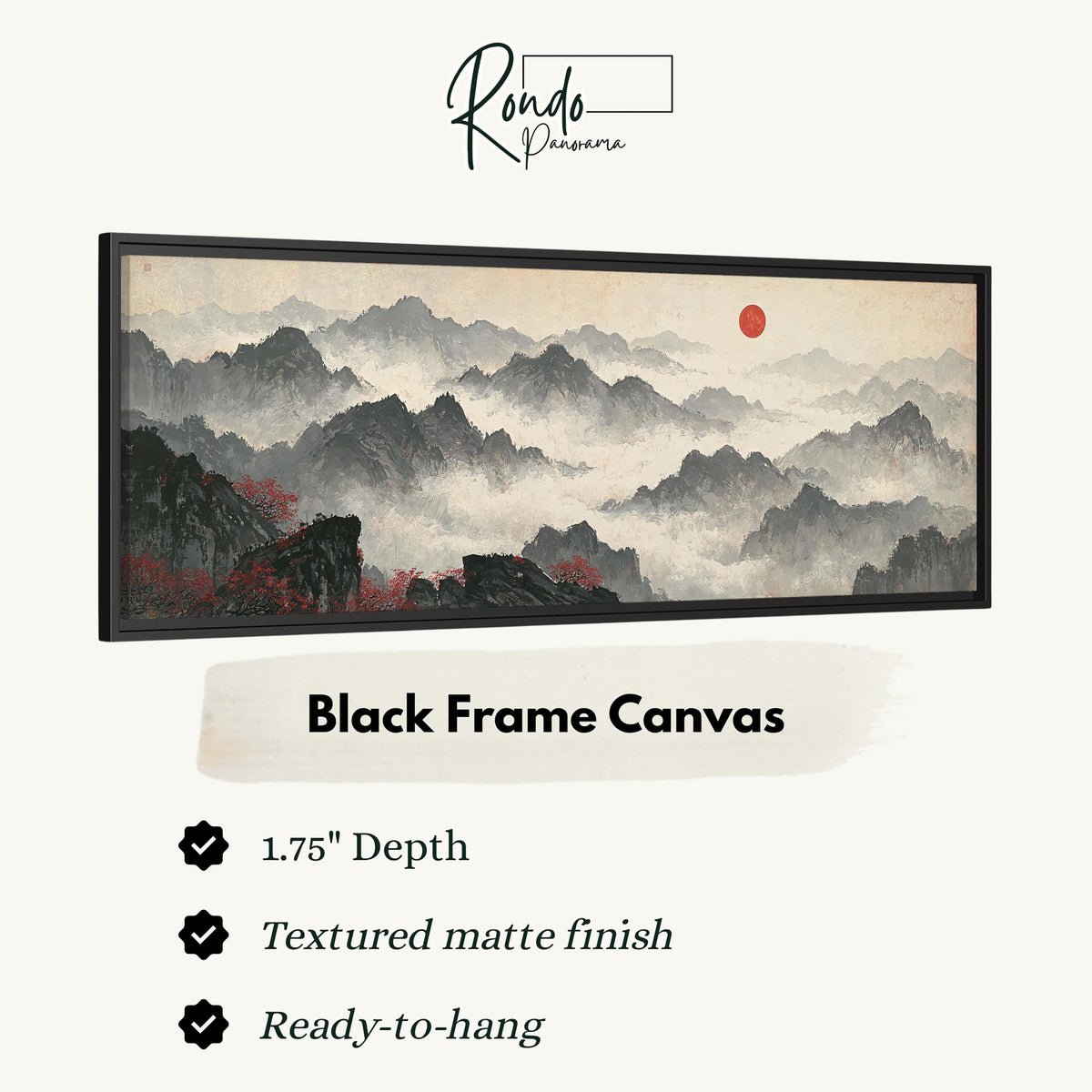 Misty ink mountains under a red sun canvas print in a black floating frame
