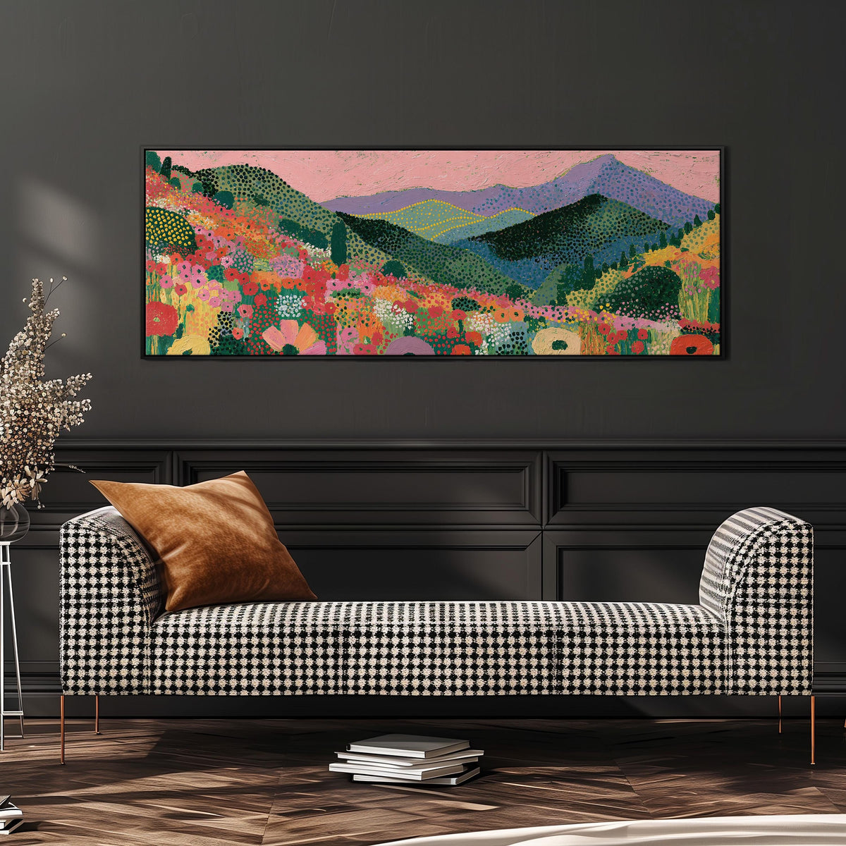 Purple mountains over a flower meadow wide panoramic canvas print above a bench in a dark living room