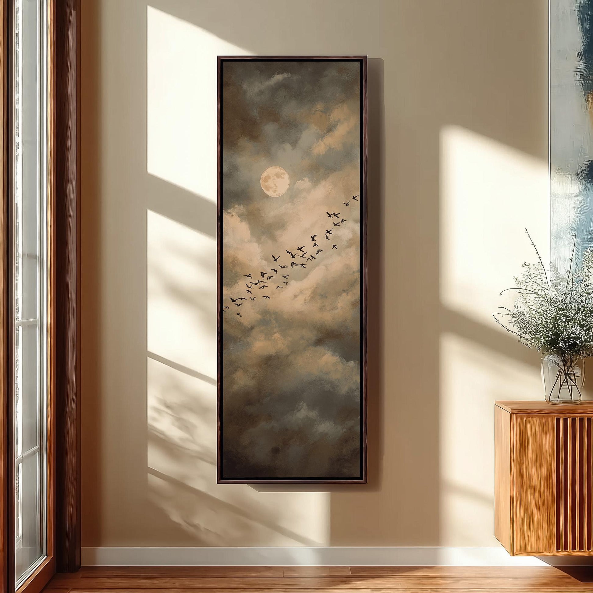 a large painting of a flock of birds flying in the sky, with a full moon visible in the background.