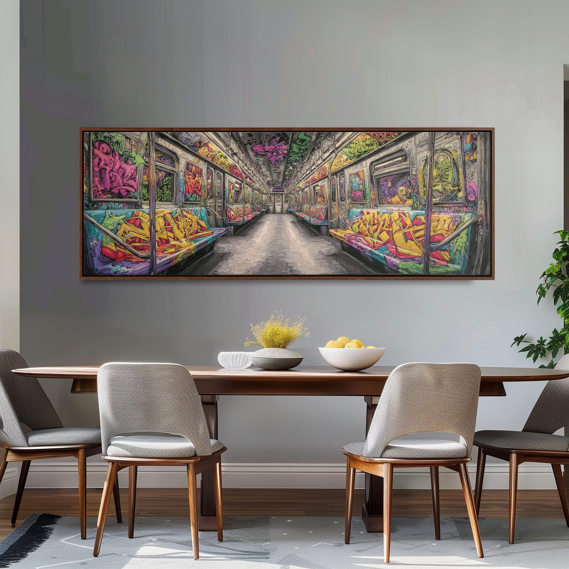 a large, colorful painting of a subway car with graffiti art displayed on the wall above a wooden dining table with four chairs.