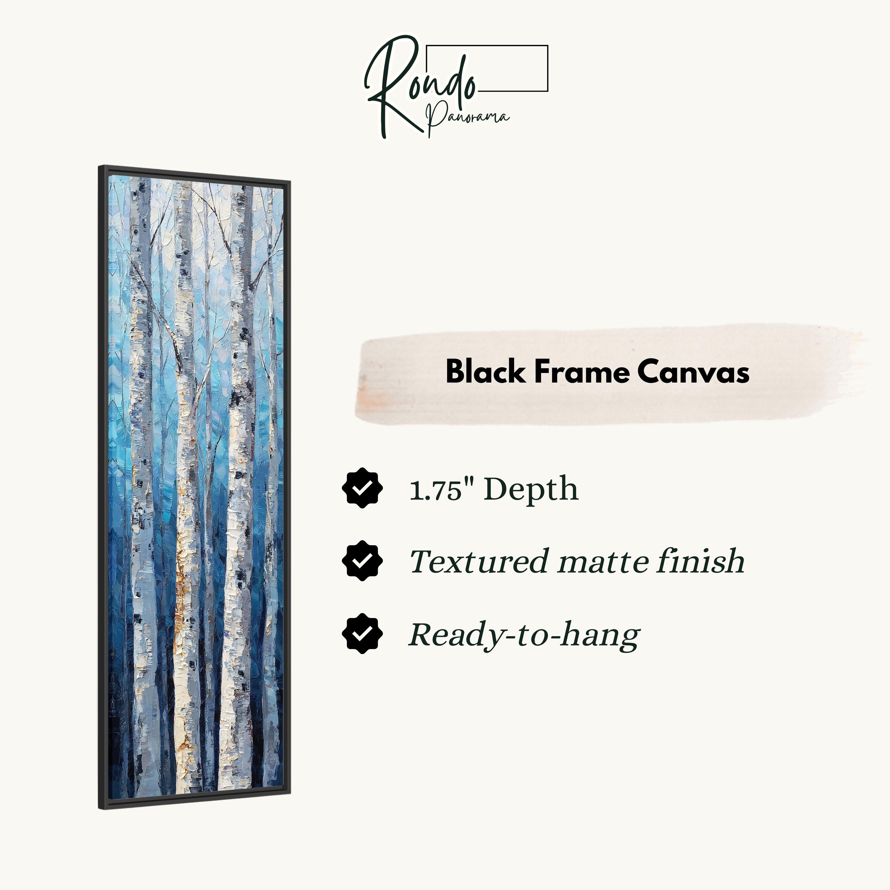 The image is a black frame canvas depicting a painting of birch trees with a textured matte finish.