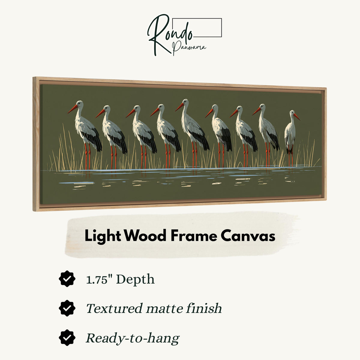 Flock of storks on olive green canvas print in a light wood floating frame