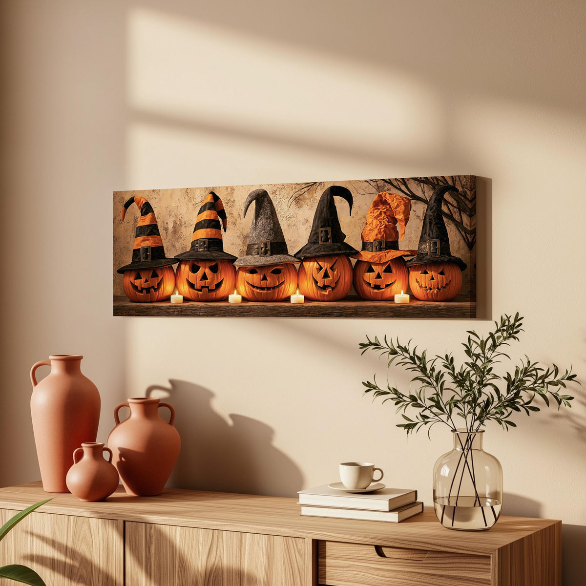 Jack-o'-lanterns wearing witch hats by candlelight long horizontal canvas print above a wooden sideboard