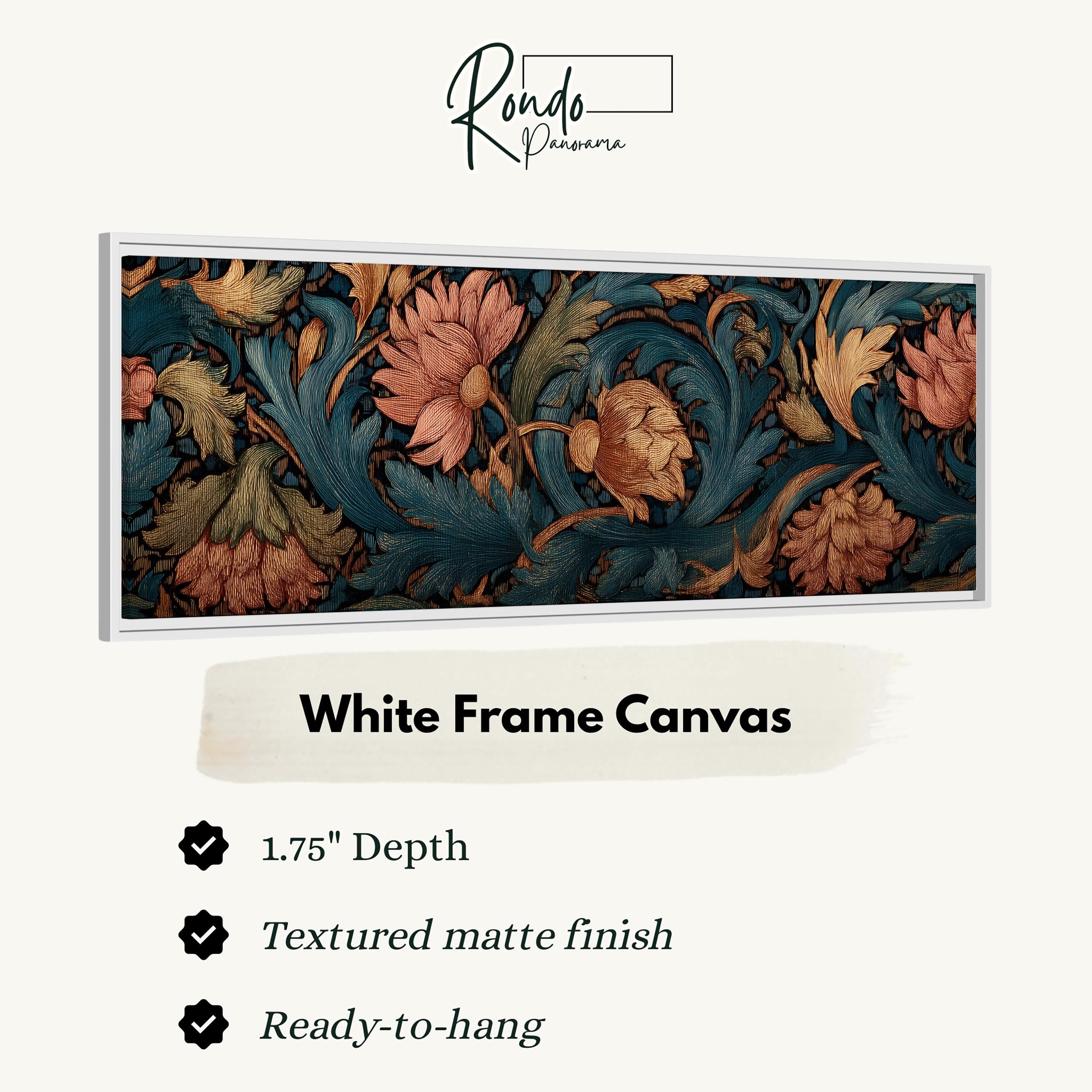 The image is a framed artwork featuring a floral pattern in white and blue colors.