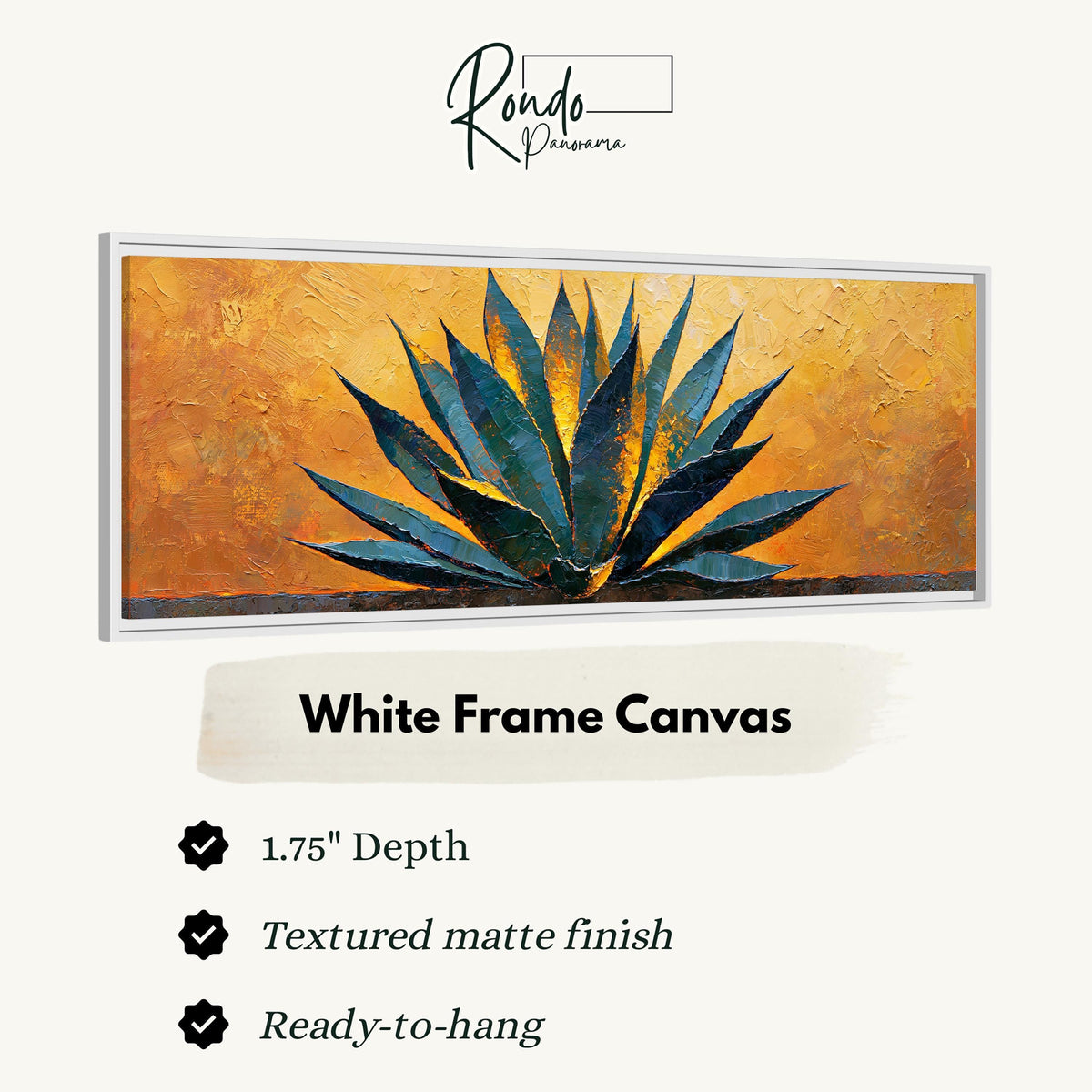 Blue agave on a textured gold background canvas print in a white floating frame
