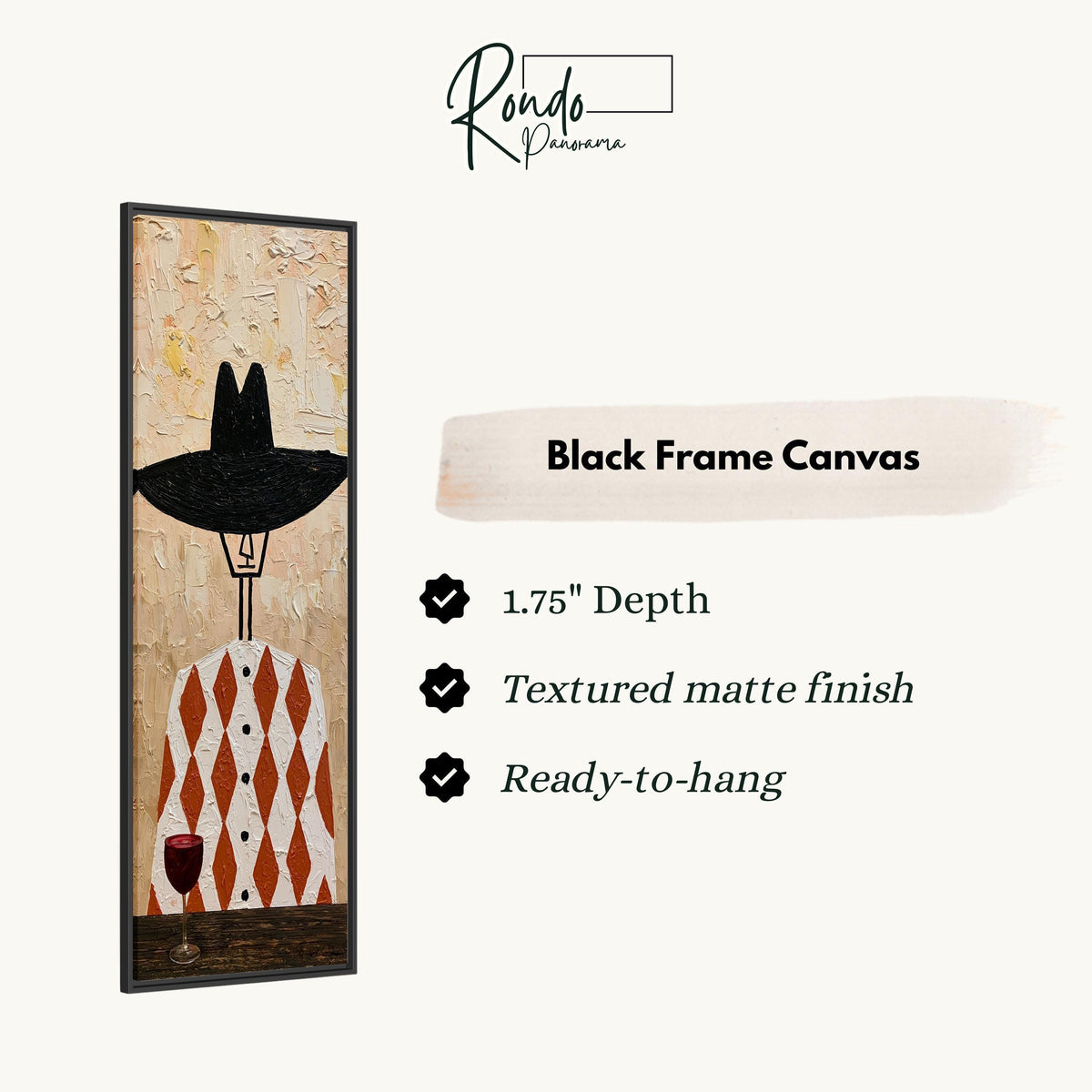 Folk figure in a black hat with red wine canvas print in a black floating frame
