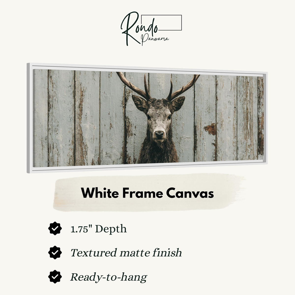 Monochrome stag on barn wood canvas print in a white floating frame