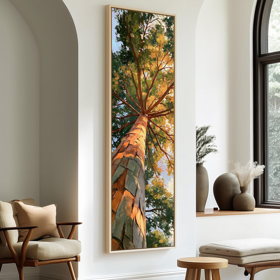 Sunlit pine trunk rising into a green and gold canopy long vertical canvas print in a sunlit living space