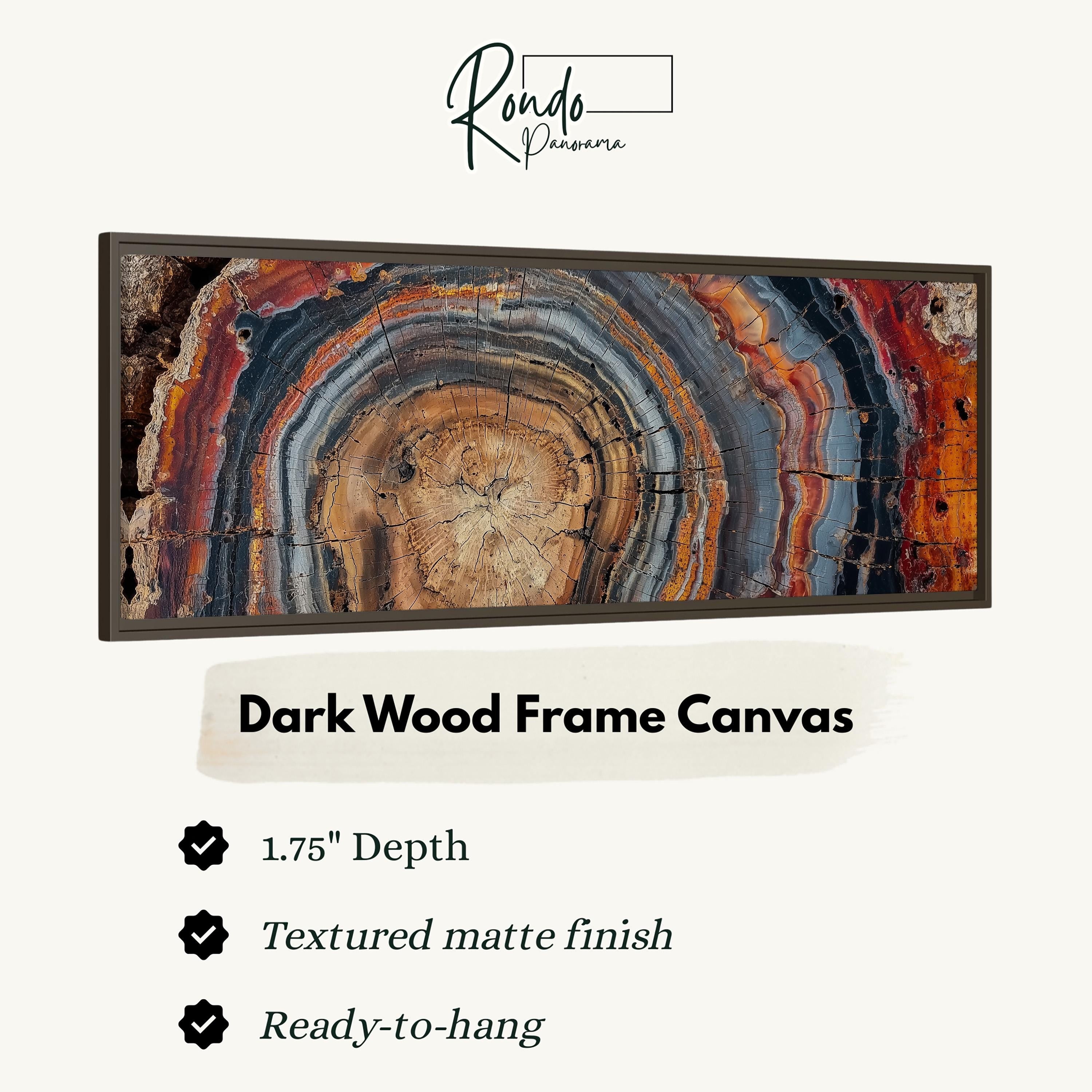 The image is a framed canvas depicting a cross-section of a tree trunk with a striped pattern in shades of orange, brown, and gray.