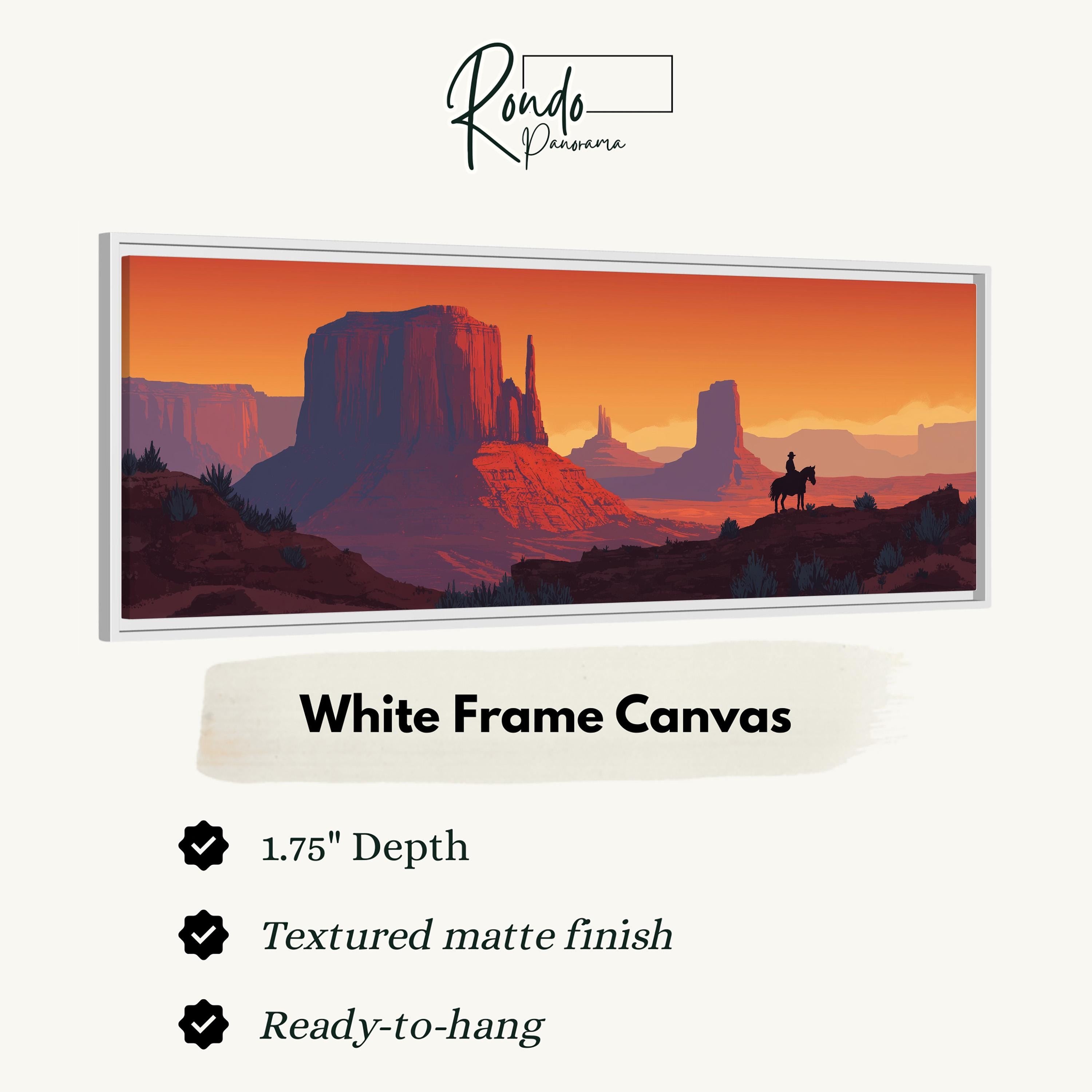 The image is a white frame canvas depicting a desert landscape with mountains and a lone rider on a horse.