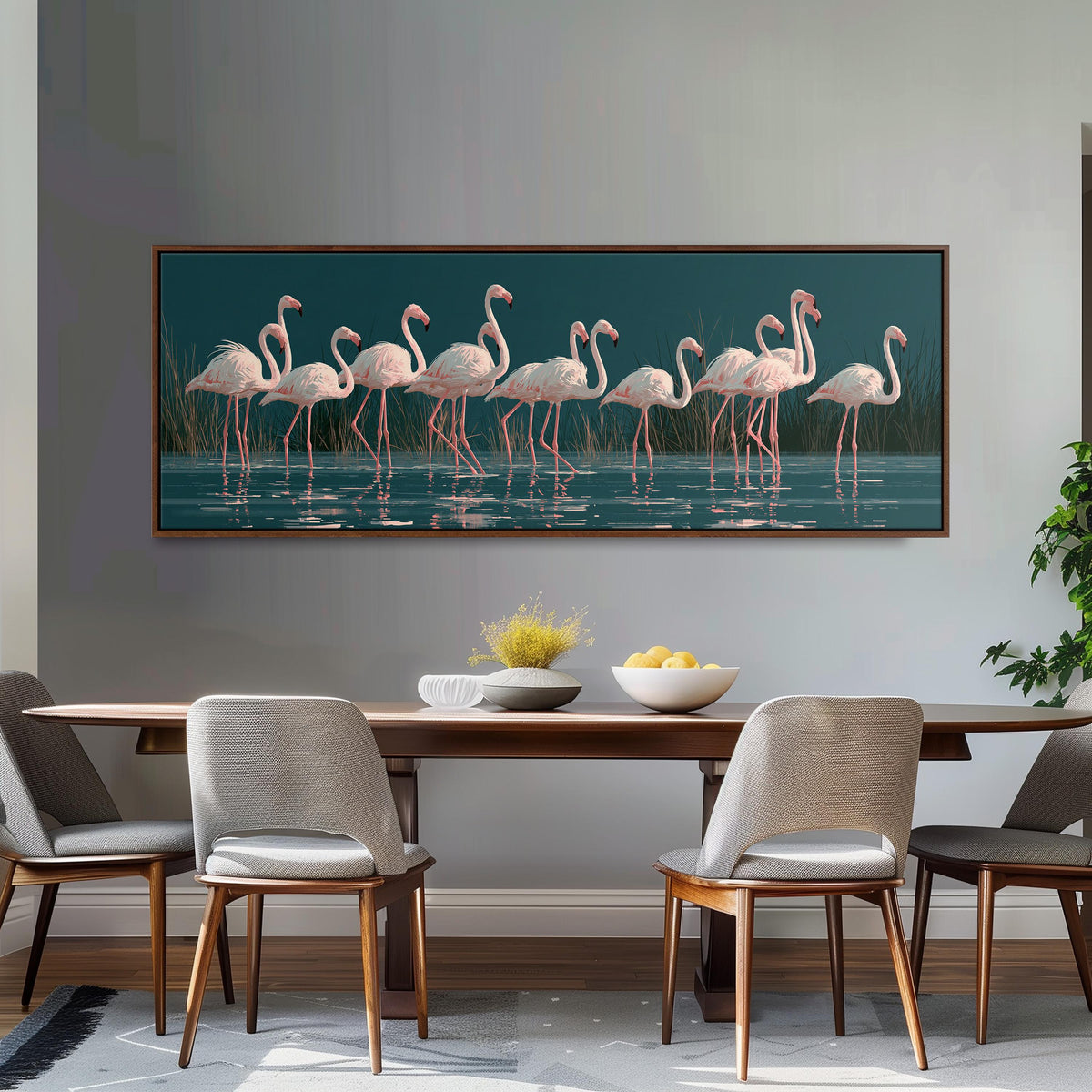 Blush pink flamingos on dark teal water long horizontal canvas print above a dining table