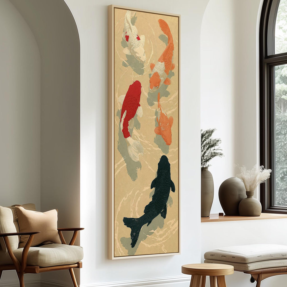 Koi fish pond long vertical canvas print in a sunlit living space