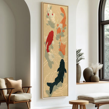 Koi fish pond long vertical canvas print in a sunlit living space