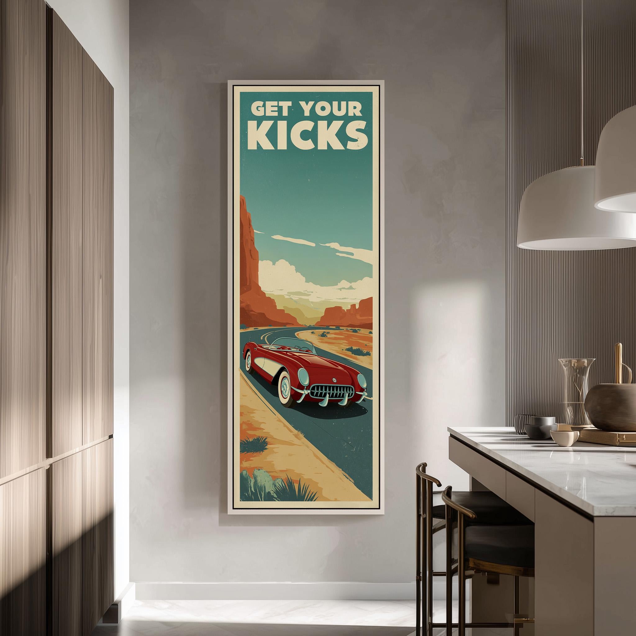 a framed poster of a red sports car on a wall, with the text "GET YOUR KICKS" displayed prominently.