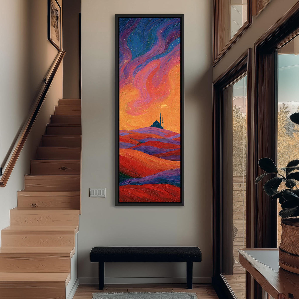 Mosque silhouette under a swirling sunset sky tall narrow canvas print beside a staircase in an entryway