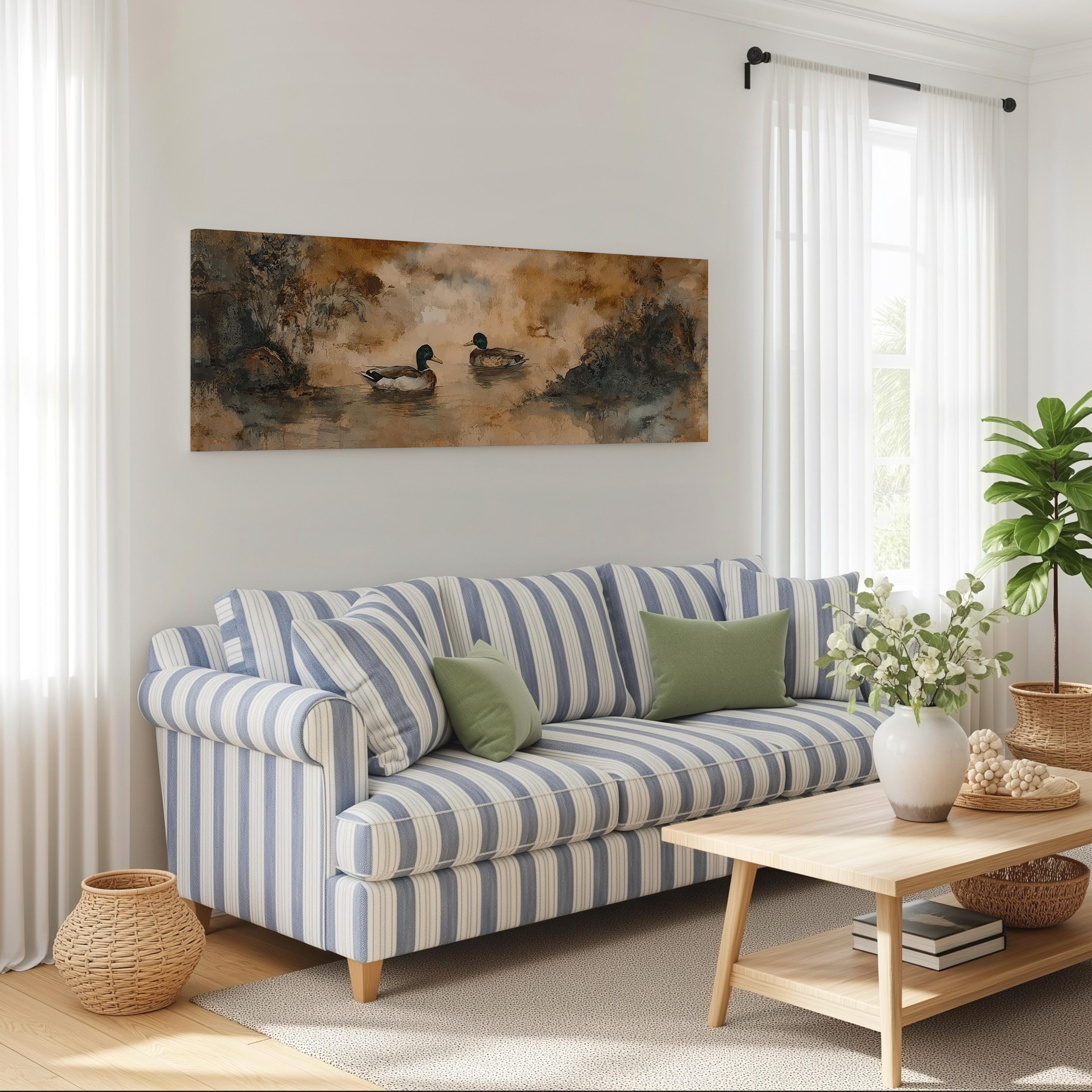 a cozy living room with a striped blue and white sofa, a wooden coffee table, and a large painting of ducks on the wall.