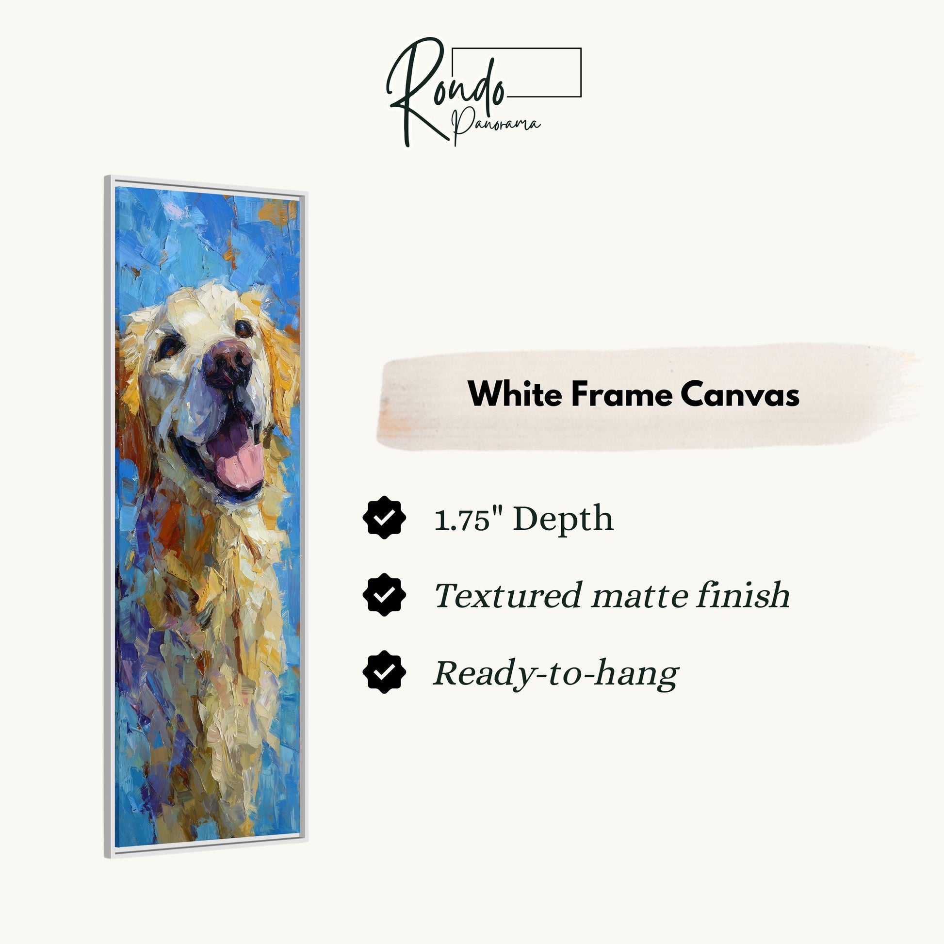 The image is a white frame canvas featuring a painting of a golden retriever dog with a textured finish.