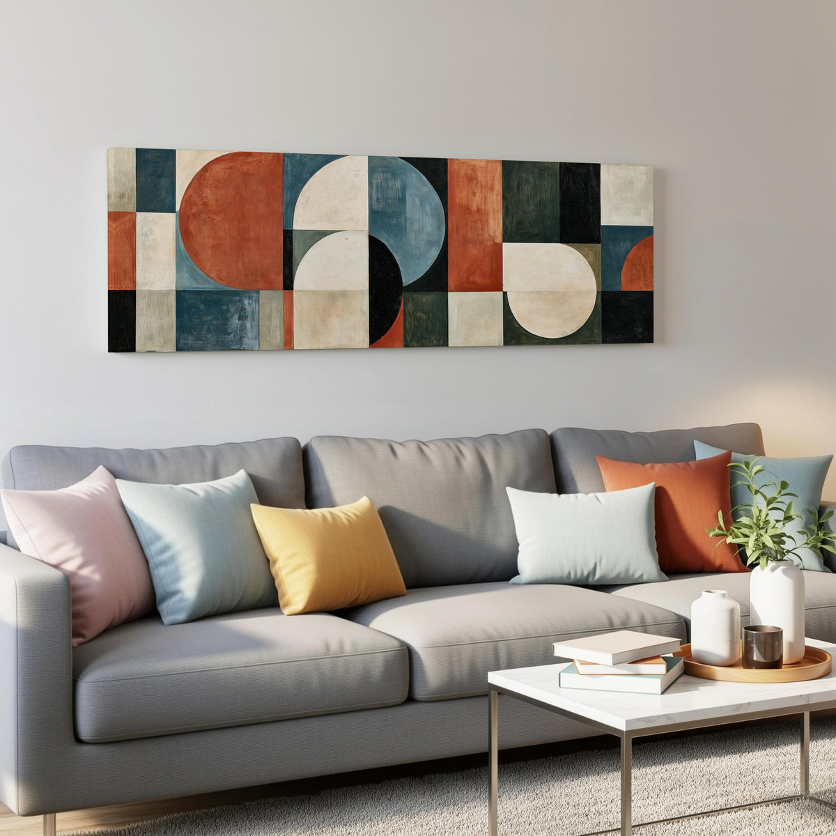 Rust and blue geometric arches and circles panoramic canvas print above a grey sofa in a living room