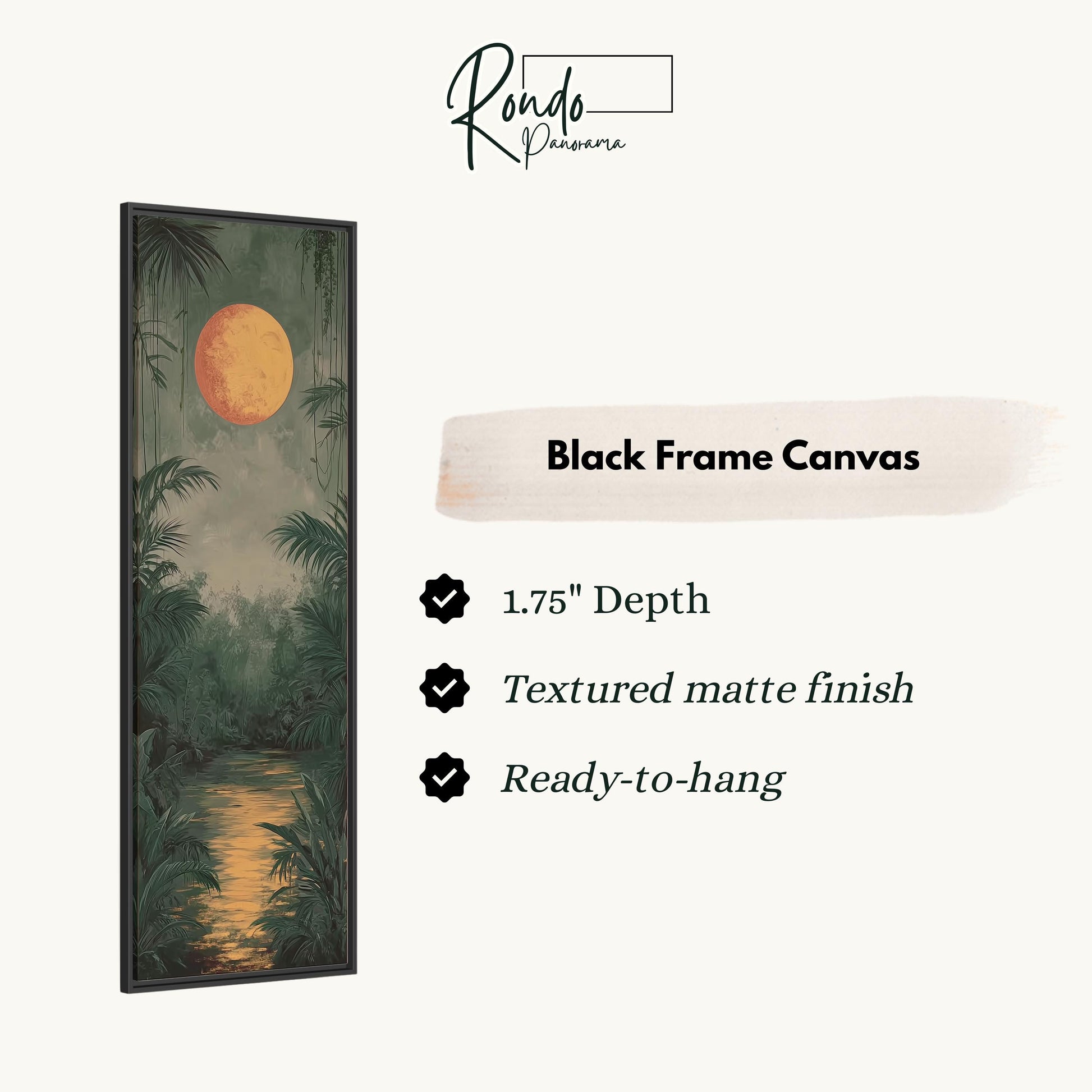 The image is a black frame canvas depicting a tropical jungle scene with a large orange moon in the sky.