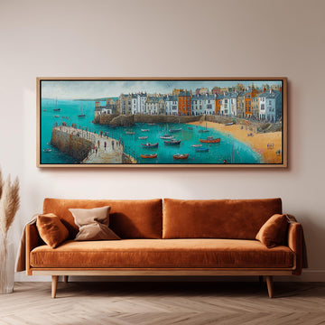 a large painting of a coastal town with boats in the water, hanging on a wall above a brown sofa.