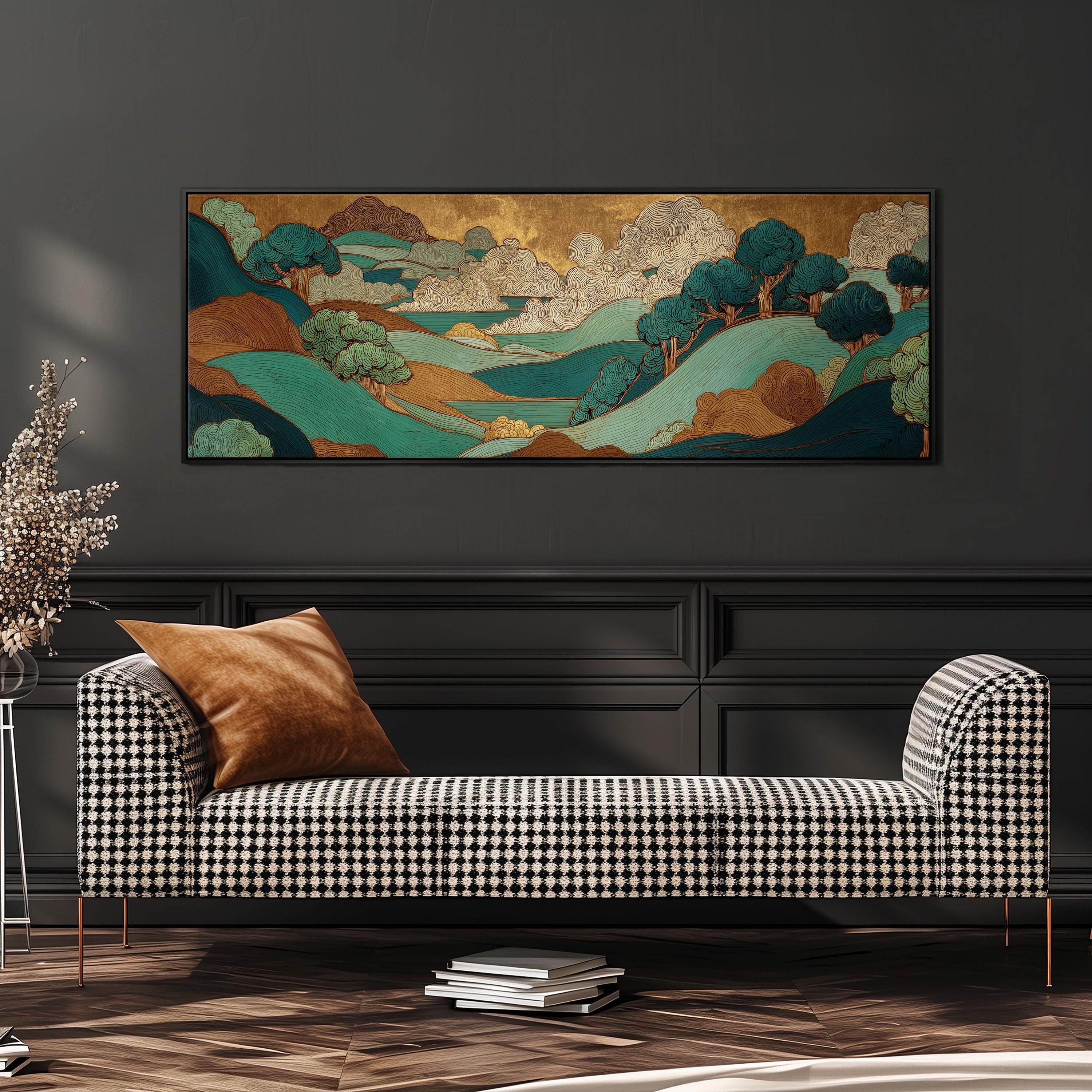 a large, colorful landscape painting hanging on a wall above a black and white checkered sofa with a brown throw pillow.
