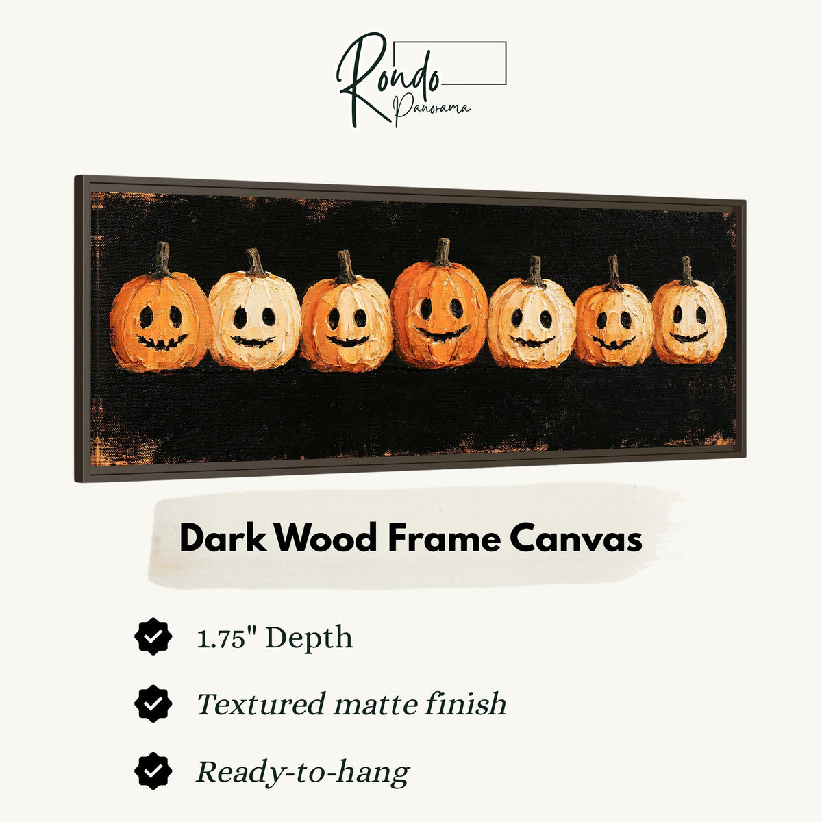 Row of smiling jack-o'-lanterns canvas print in a dark wood floating frame