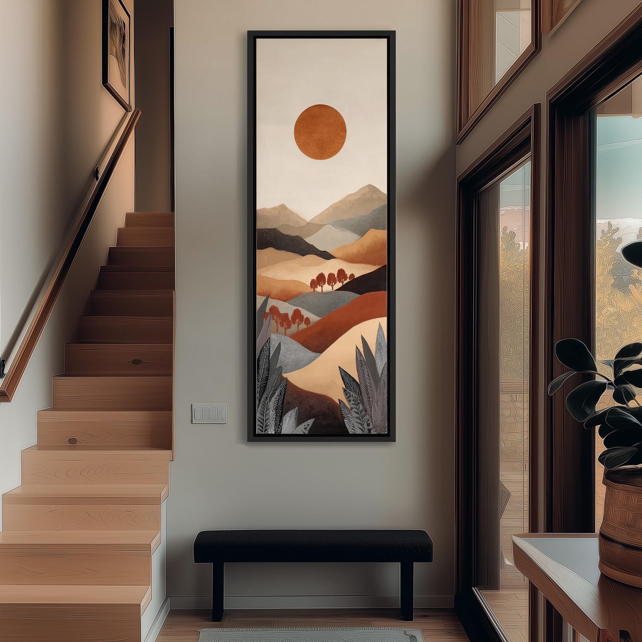 a hallway with a large painting of a landscape hanging on the wall, depicting a serene scene with mountains, trees, and a sun in the sky. The hallway also includes a staircase, a bench, and a potted plant, creating a cozy and inviting atmosphere.