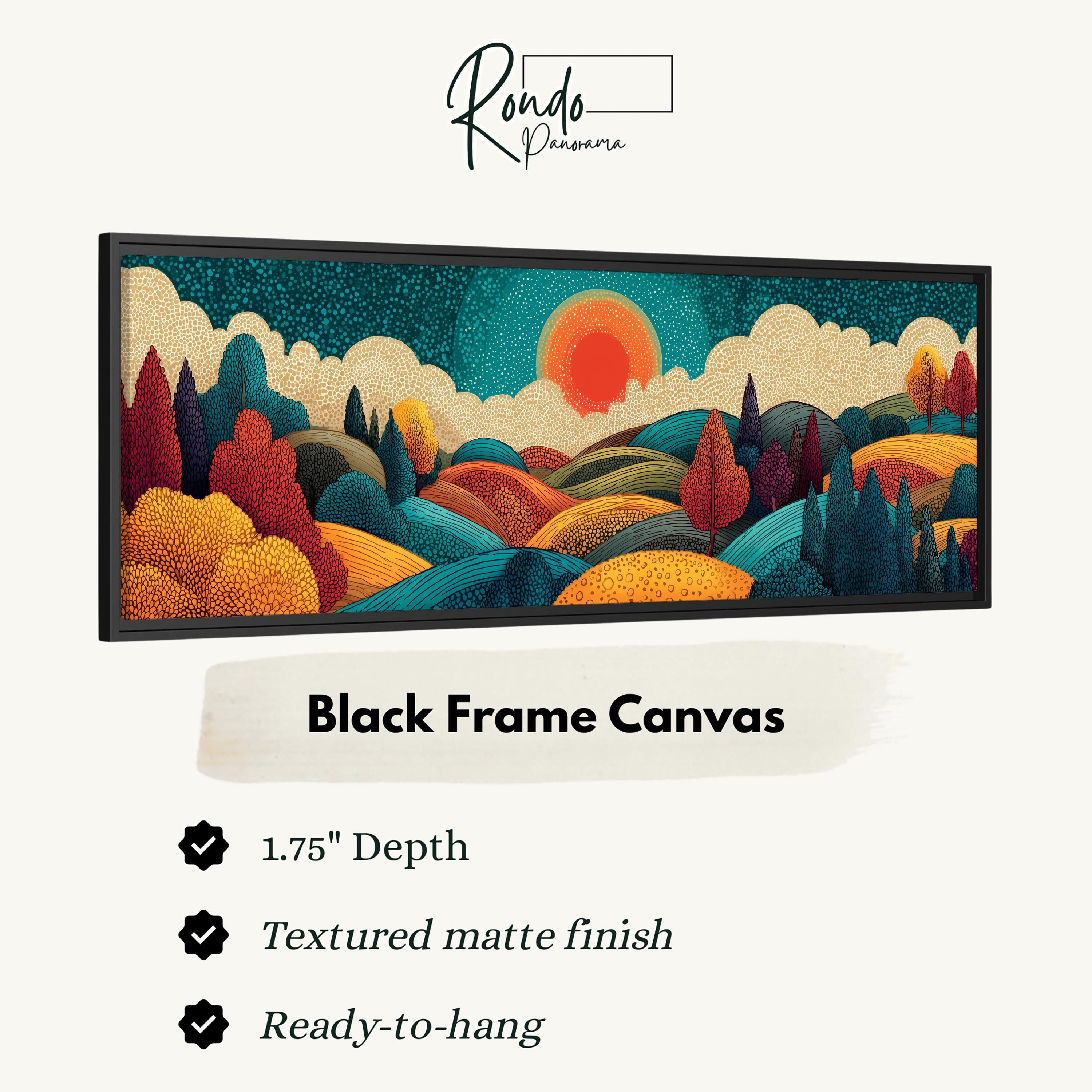 The image is a black frame canvas depicting a landscape with a sunset over a field of trees and hills.