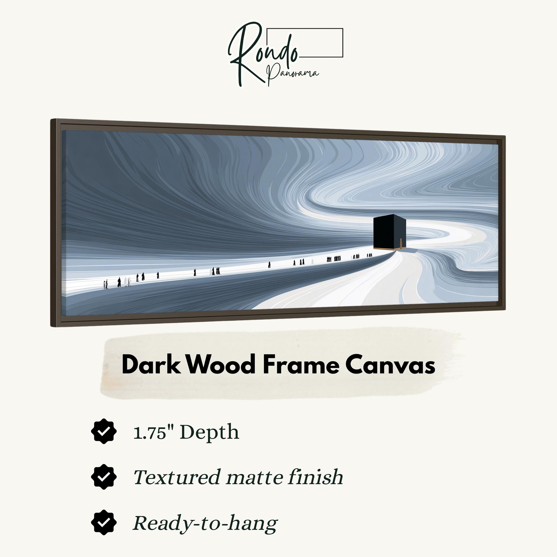 The image is a dark wood frame canvas depicting a wavy line leading to a small building in the distance.