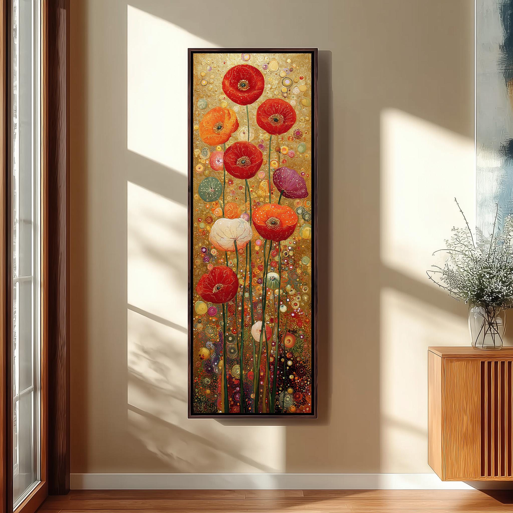 a large, colorful painting of flowers hanging on a wall in a room.