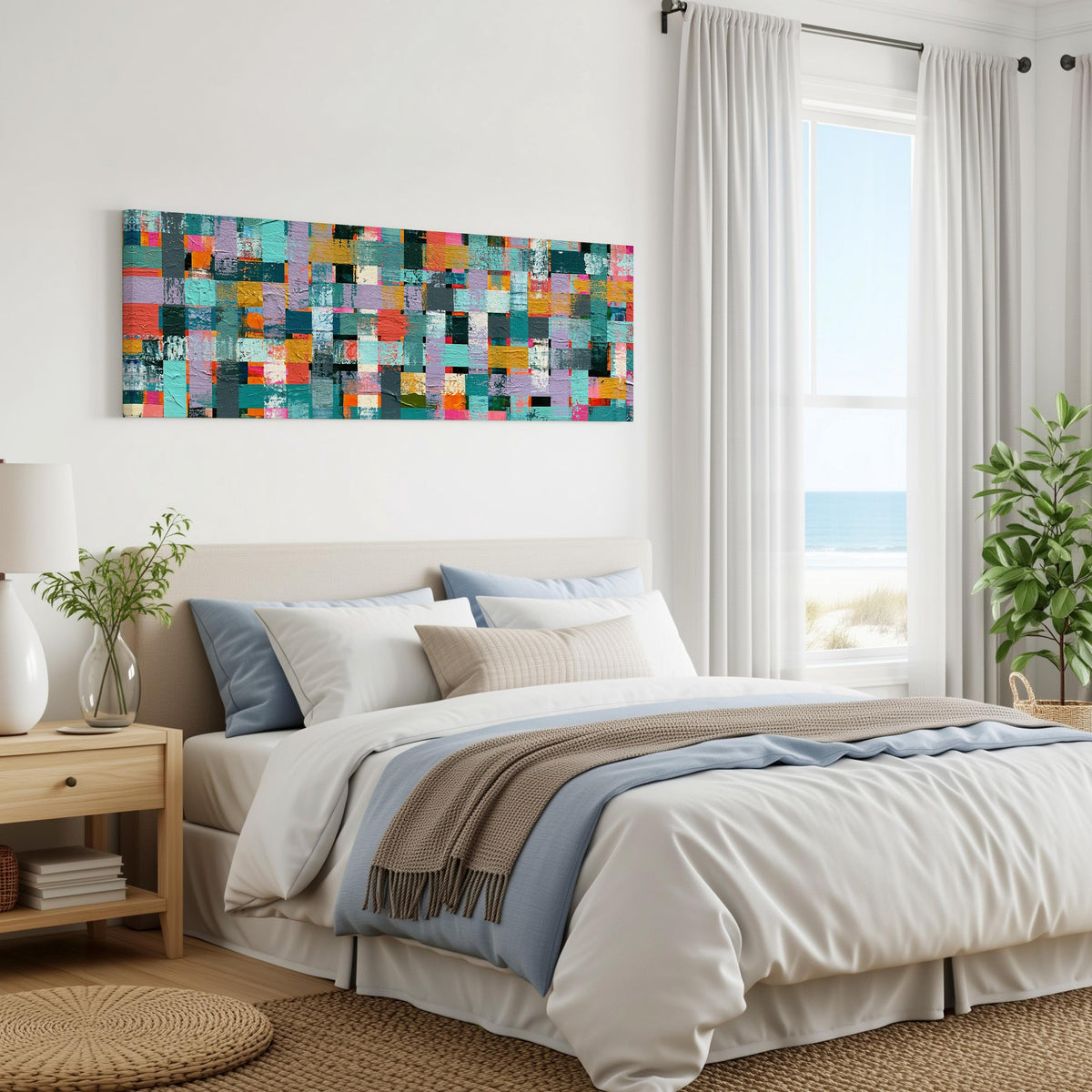 Woven grid of teal and pink blocks panoramic canvas print above a bed in a coastal bedroom