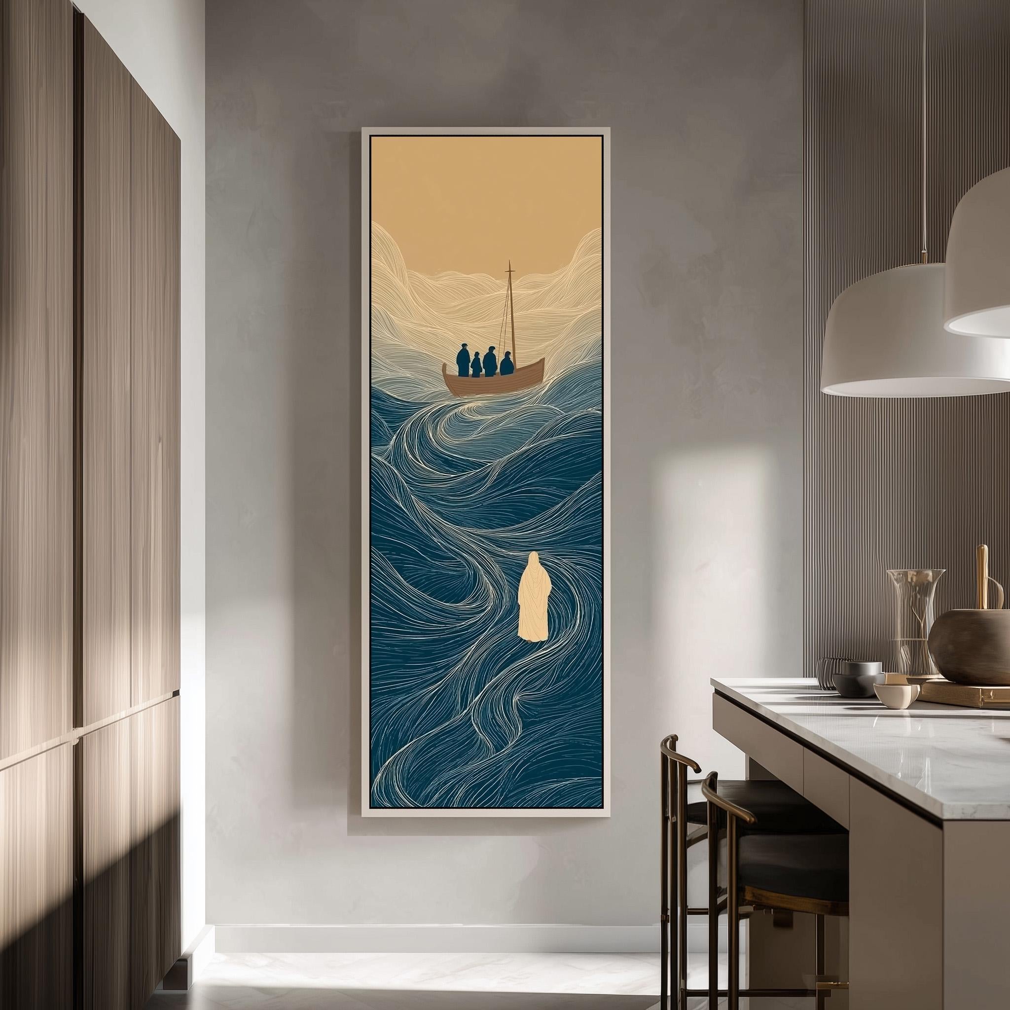 a large, framed artwork depicting a boat sailing on a blue ocean, with a small figure of a person standing on the boat.
