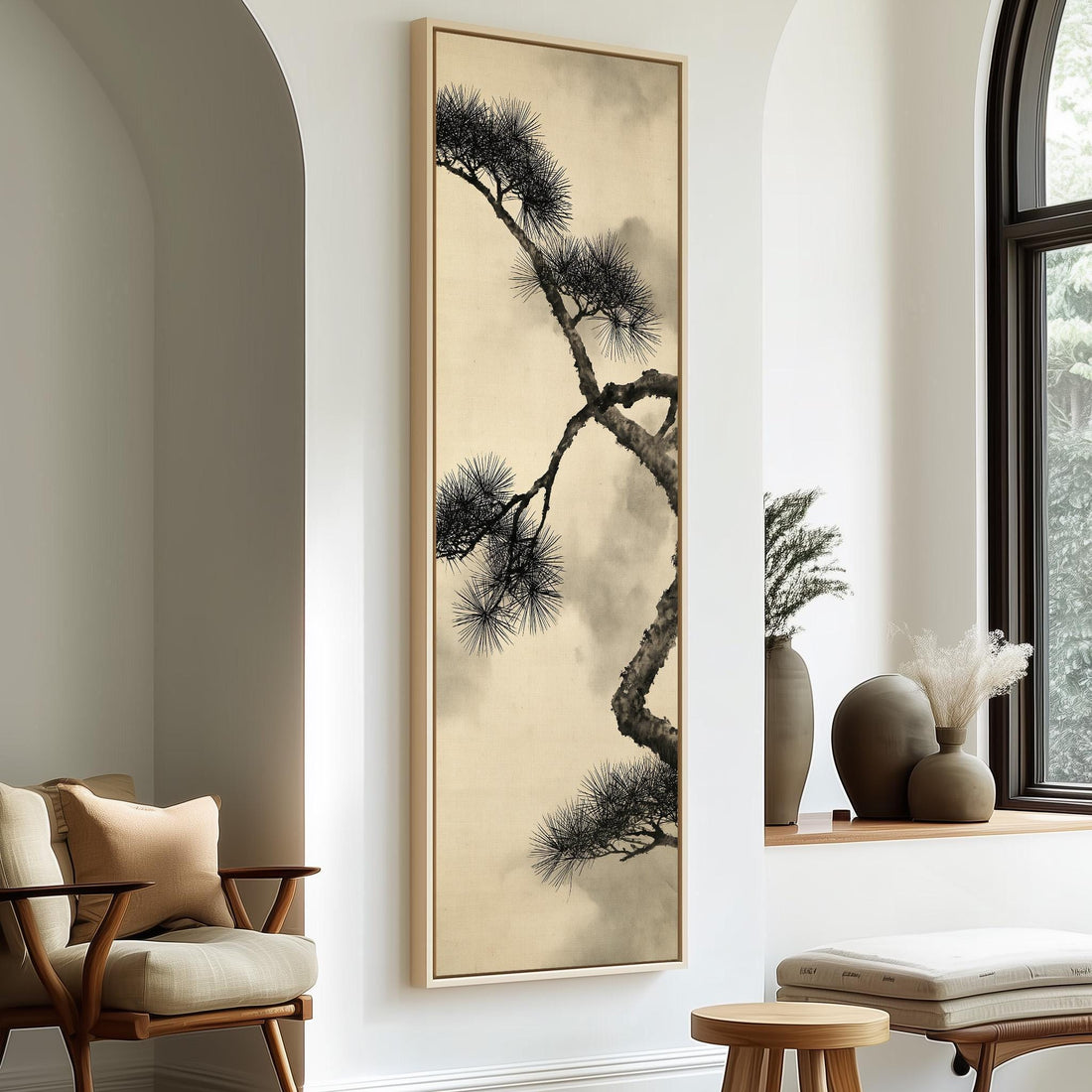 Ink pine branch in mist long vertical canvas print in a sunlit living space