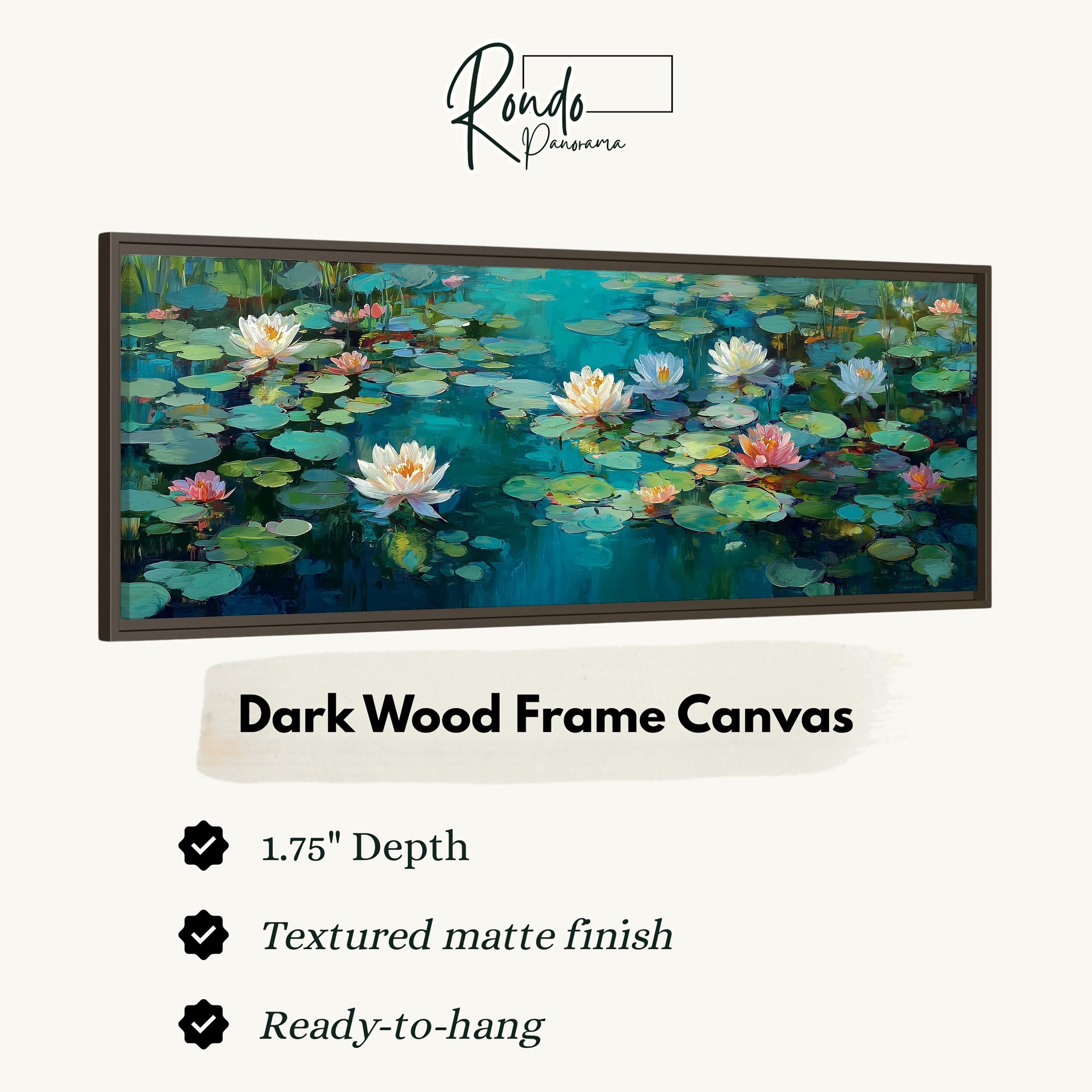 The image is a framed canvas depicting a serene water lily pond with lily pads and water lilies.