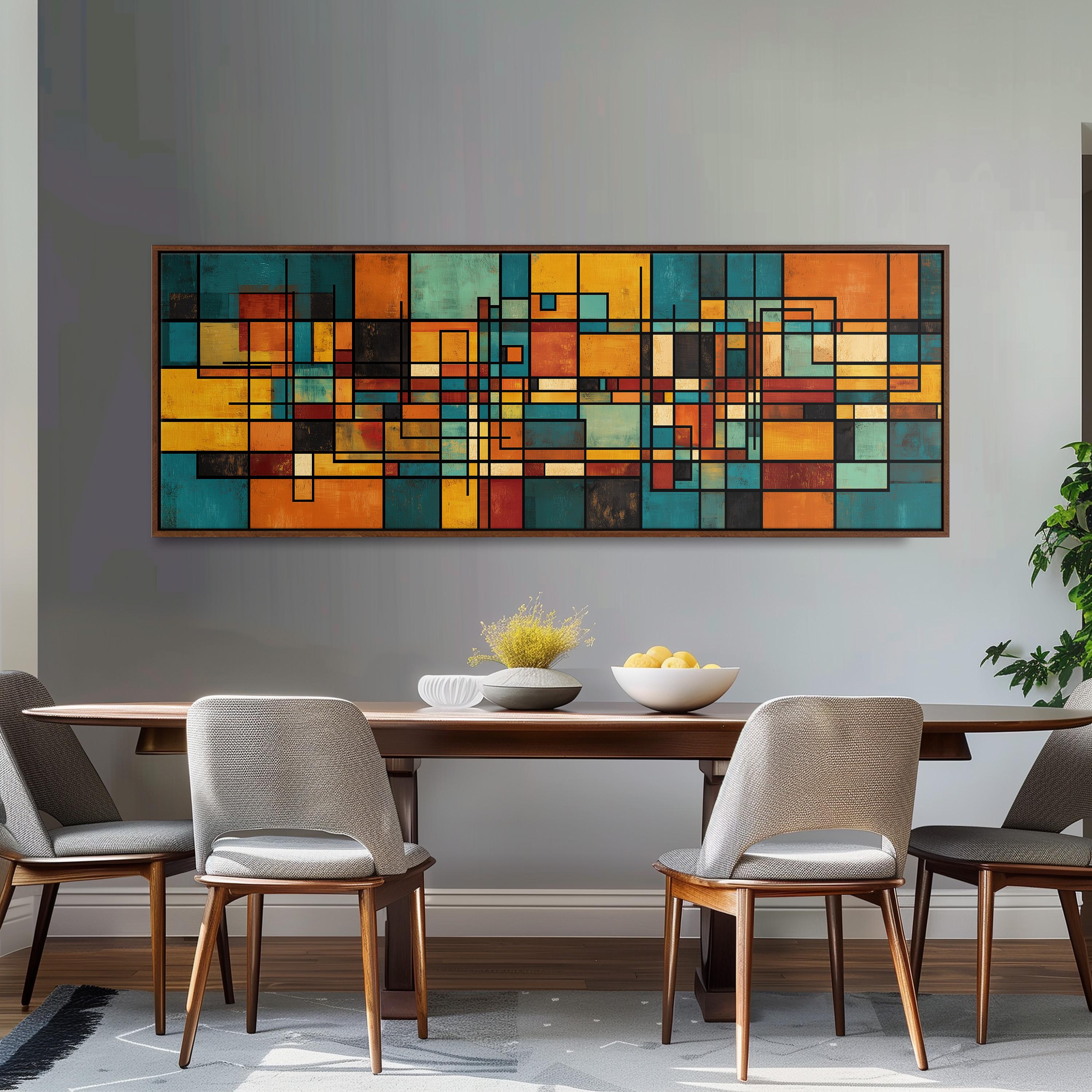 a modern dining room with a large abstract painting hanging on the wall above a wooden dining table with four chairs. The table is set with a bowl of fruit and a vase of flowers, creating a welcoming and stylish atmosphere.
